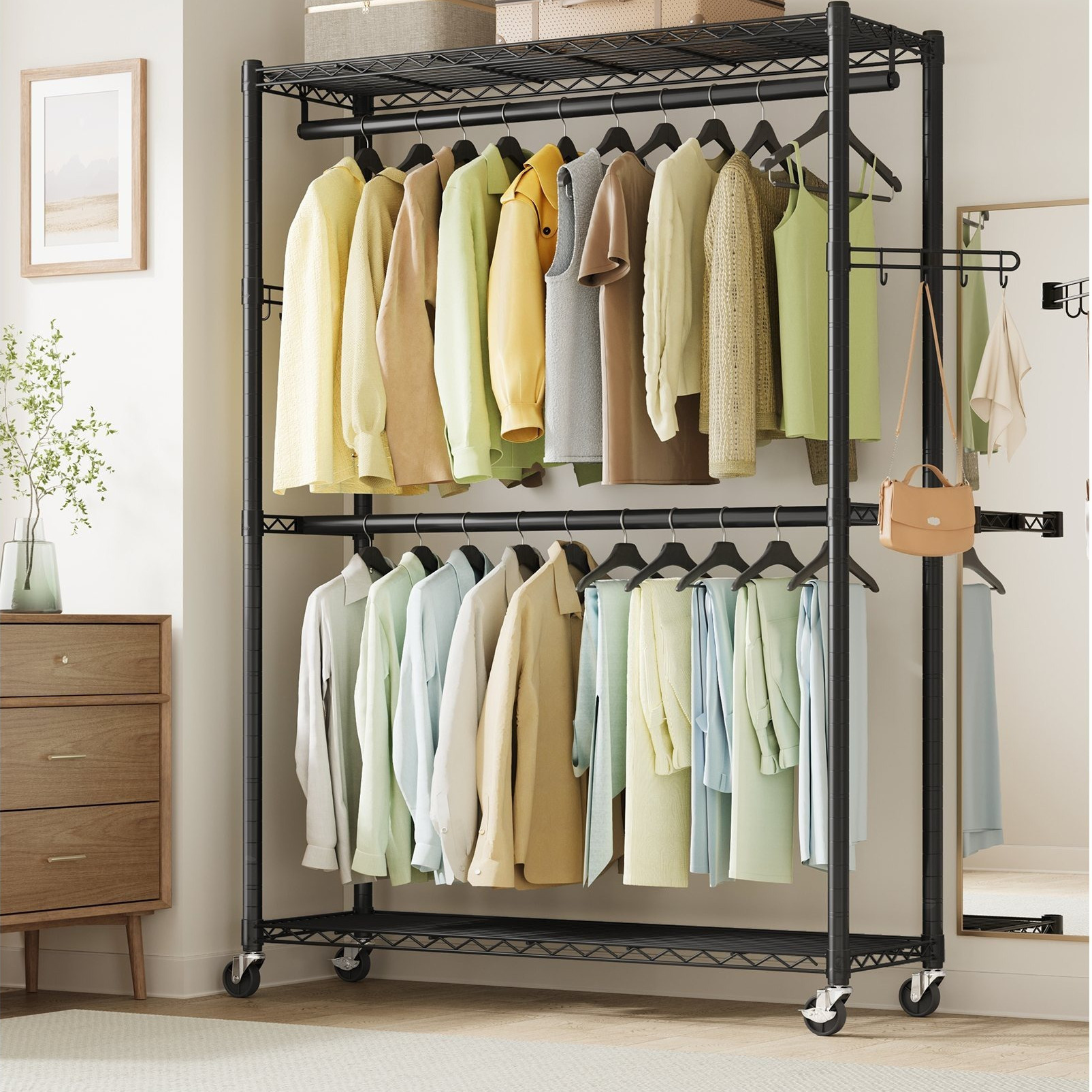 TEMU Heavy-duty Rolling Clothes Rack, Garment Rack, Portable Closet On Wheels, With Adjustable Mesh Shelves And Hanging Rails, Hooks, 15.8 .3 X 78.3