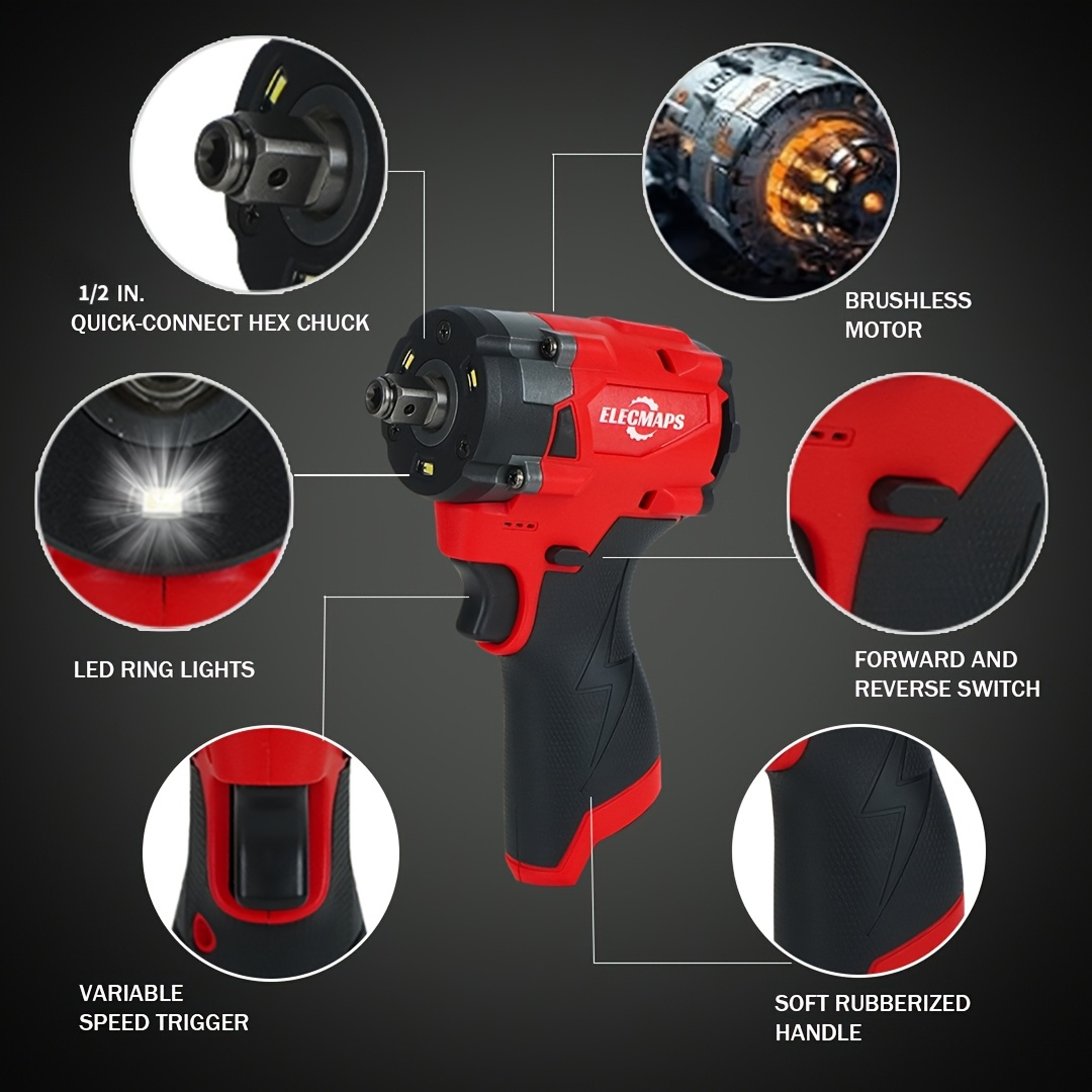 TEMU 1/2 Inch Cordless High Torque Impact Wrench, Compatible With 12v Battery, Ergonomic Portable Design For Auto Repair, Construction & Diy Projects