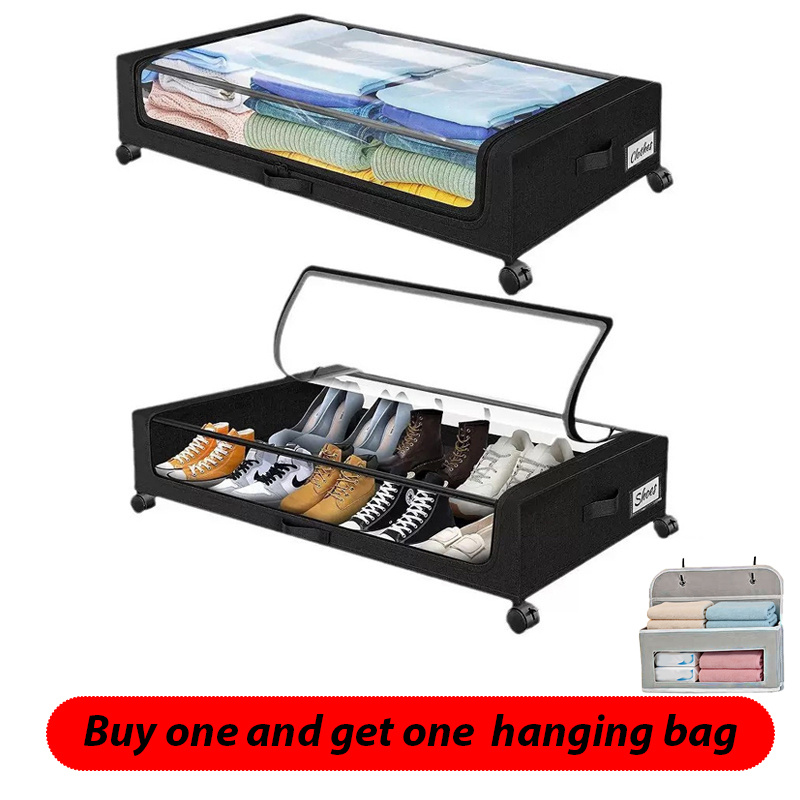 TEMU Étagère de rangement sous le lit avec roulettes, fenêtres transparentes et étiquettes, utilisée pour ranger les vêtements, les chaussures, en