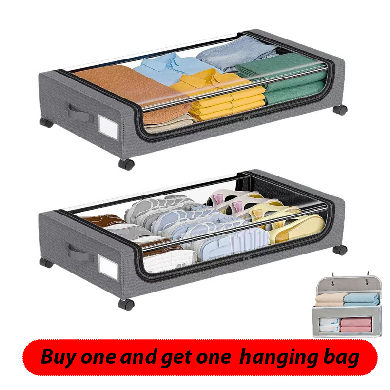 TEMU Étagère de rangement sous le lit avec roulettes, fenêtres transparentes et étiquettes, utilisée pour ranger les vêtements, les chaussures, en
