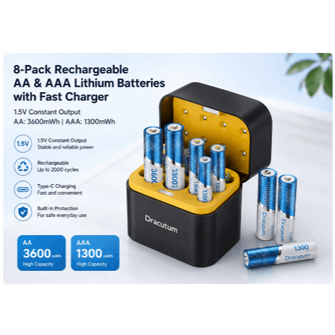TEMU Dracutum Lot de 8 Piles Rechargeables AA et AAA au Lithium avec Chargeur Type-C, Piles 1.5V avec Indicateur LED et Boîtier de Rangement
