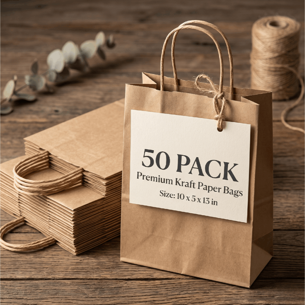 TEMU Lot de 50 grands sacs en papier avec poignées 10x5x13 pouces – Sacs cadeaux marron pour épicerie, shopping, vente au détail, plats à et fêtes