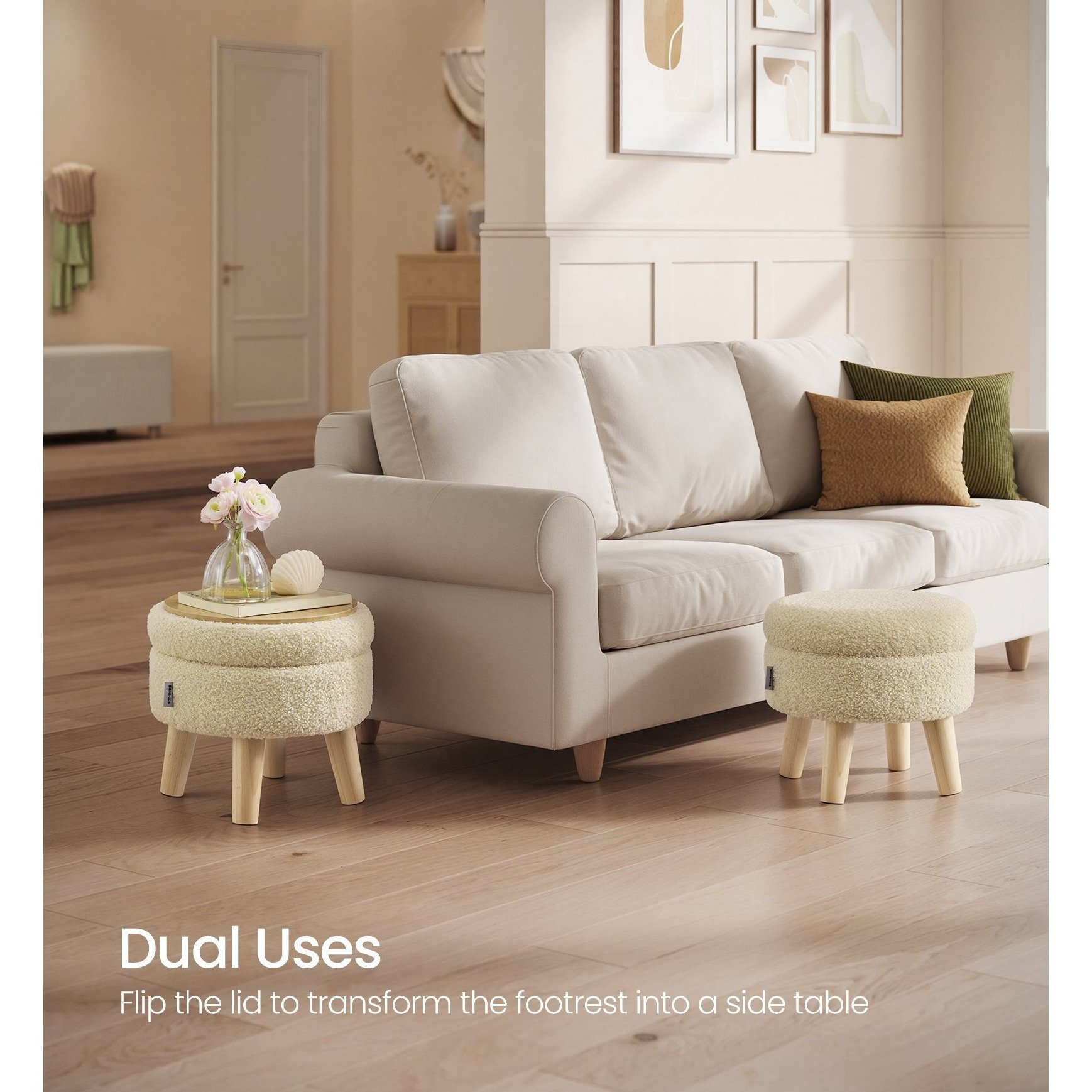 TEMU Pouf de Rangement, -Pieds, Pouf Rond avec Siège Rembourré, -Pieds avec Pieds en Bois, Petite Table, pour Couloir, Salon, 31 cm, Polaire Teddy,
