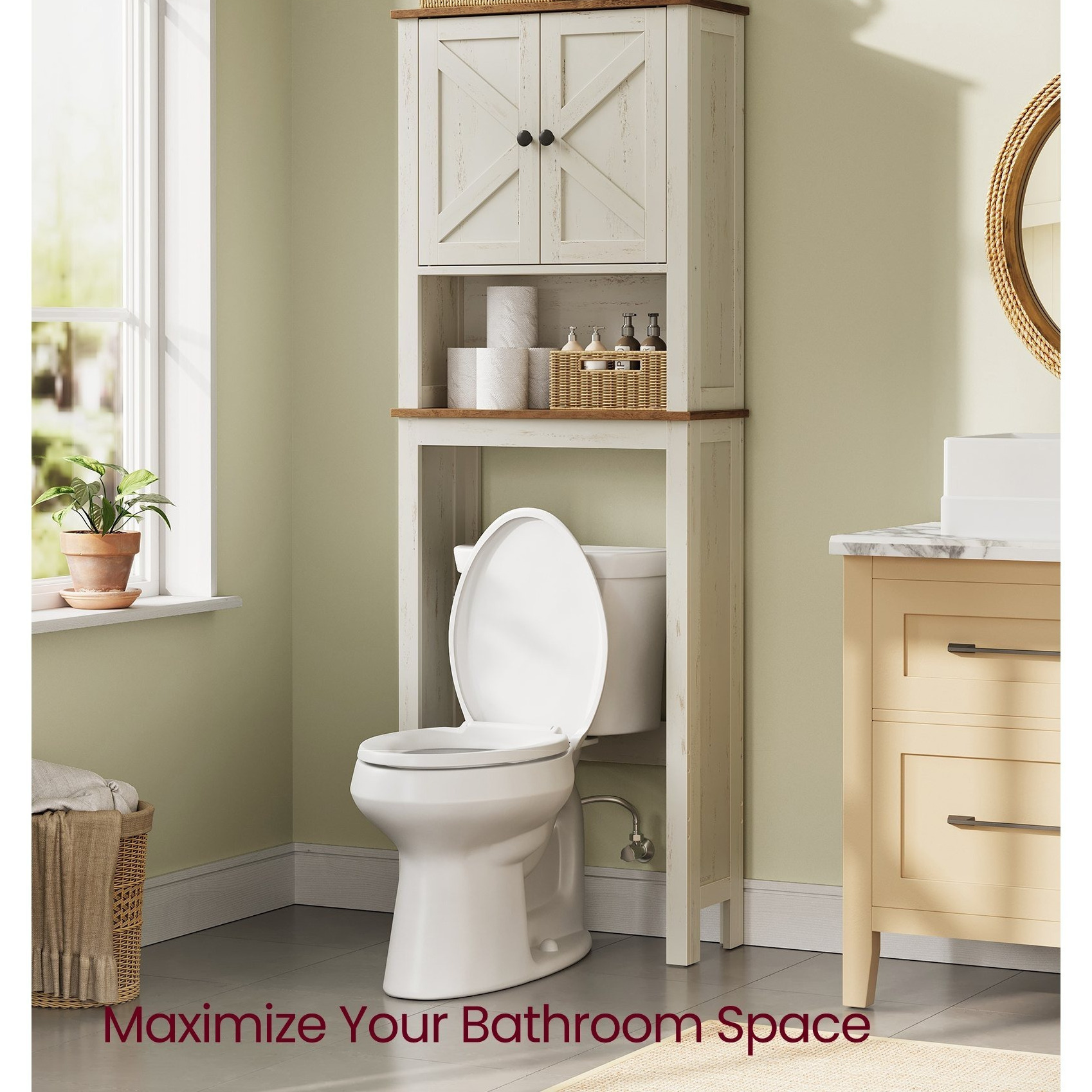 TEMU Collection - Over-the-toilet Storage Cabinet, 23.6-inch Wide Farmhouse Bathroom Organizer, With Barn Doors, Adjustable Shelf, Space-saving,