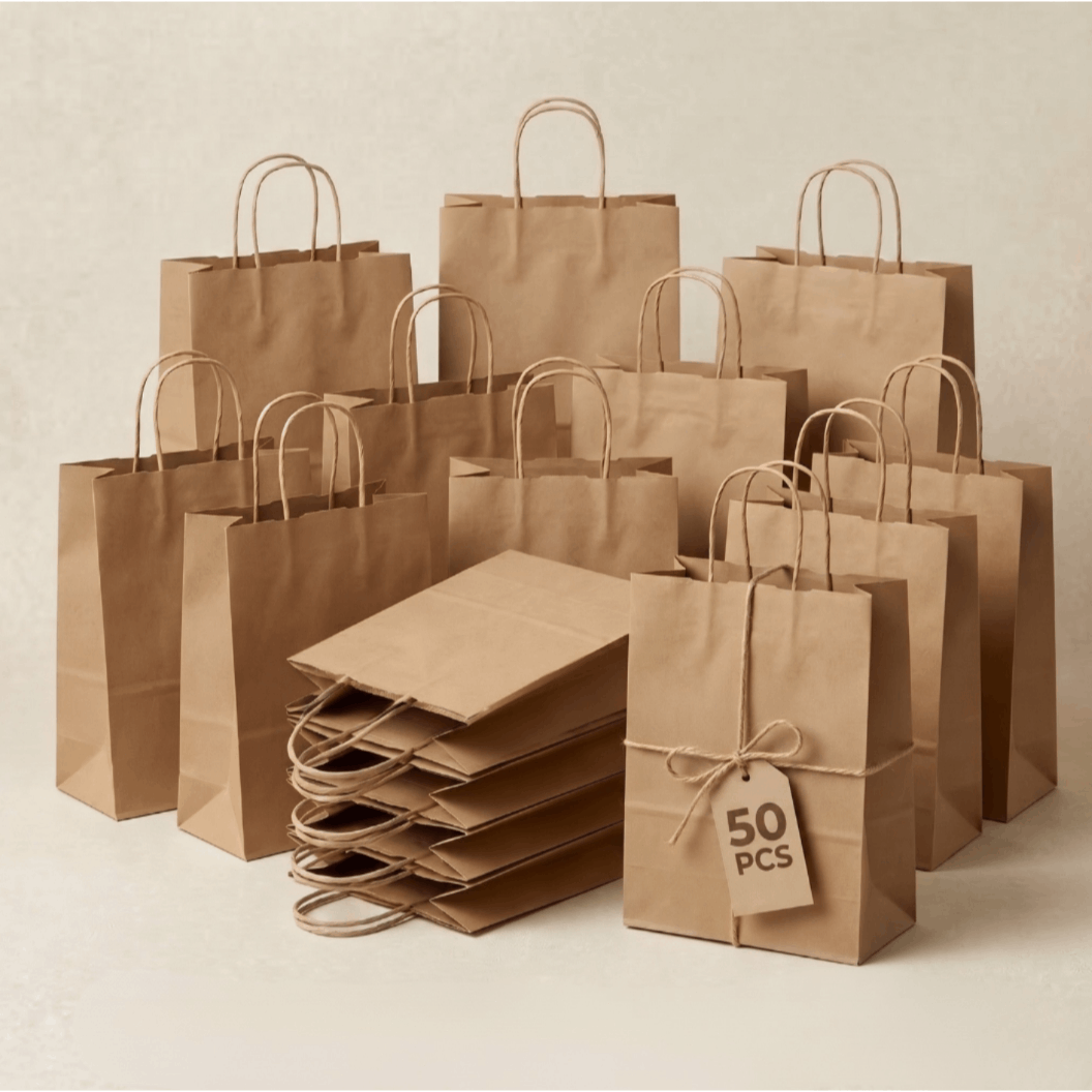 TEMU 50pcs Sacs en Papier Grands 13"x7"x17" avec Poignées – Sacs Cadeaux Marron pour Shopping, Plats à , Vente au Détail, Fêtes & Événements