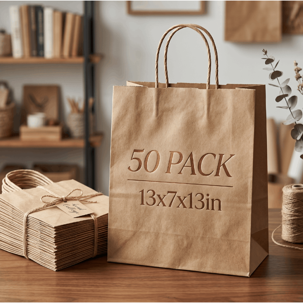 TEMU 50pcs Large Paper Bags With Handles 13x7x13 Inches Heavy Duty 120g Brown Gift Bags For Shopping Retail Takeout Party Favors