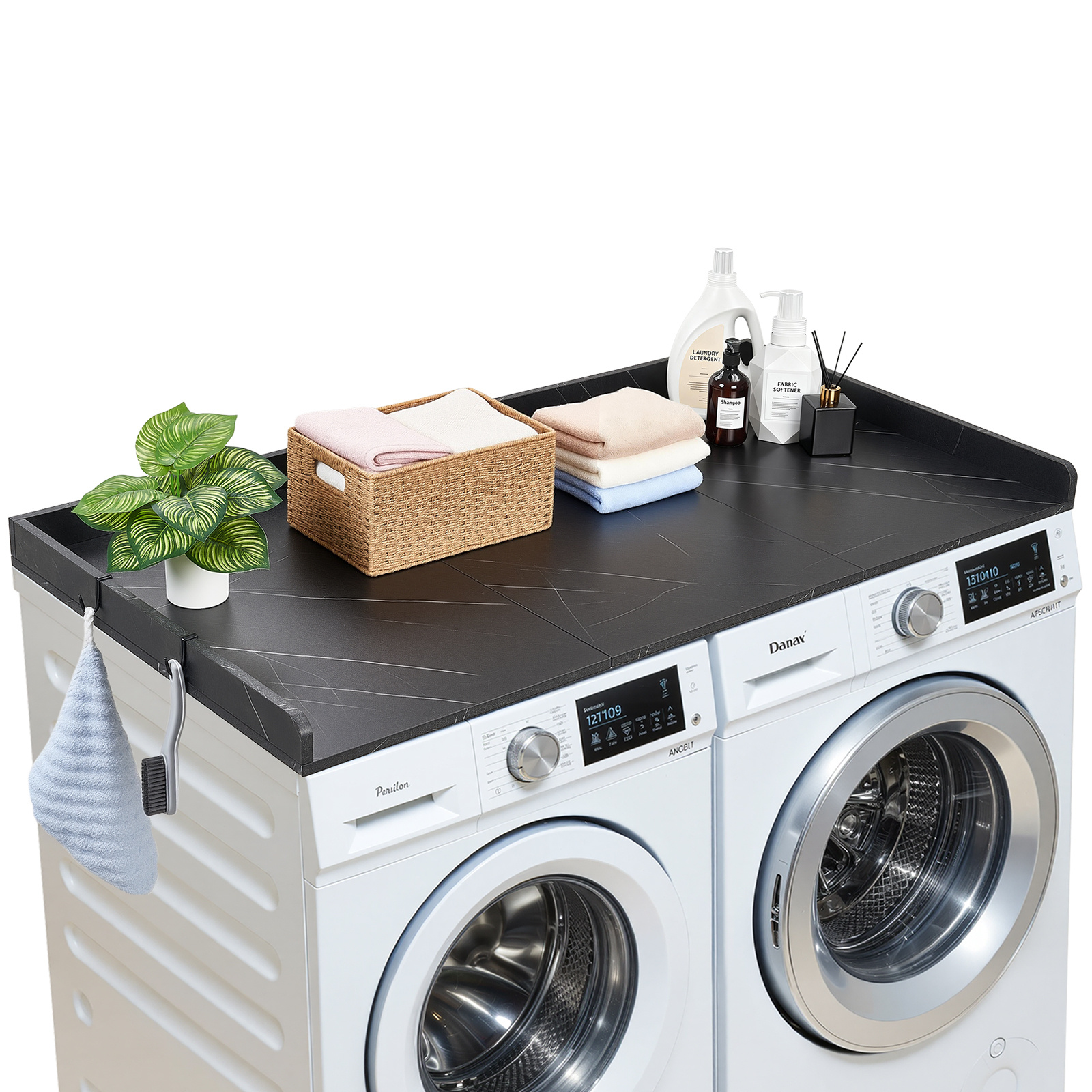 TEMU Plateau d'Appoint VEVOR pour Lave-linge et Sèche-linge, 54 x 27,5 po, Plateau de Marbre avec Bordure et 2 Crochets, pour Organisation et