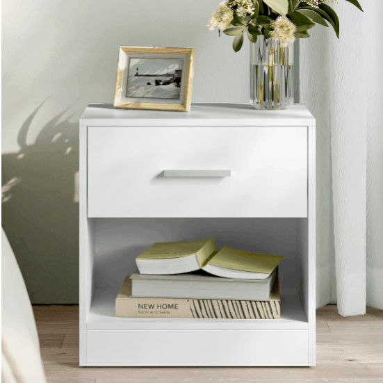 TEMU Table de chevet, table d'appoint avec tiroir, poignée, compartiment ouvert, blanc