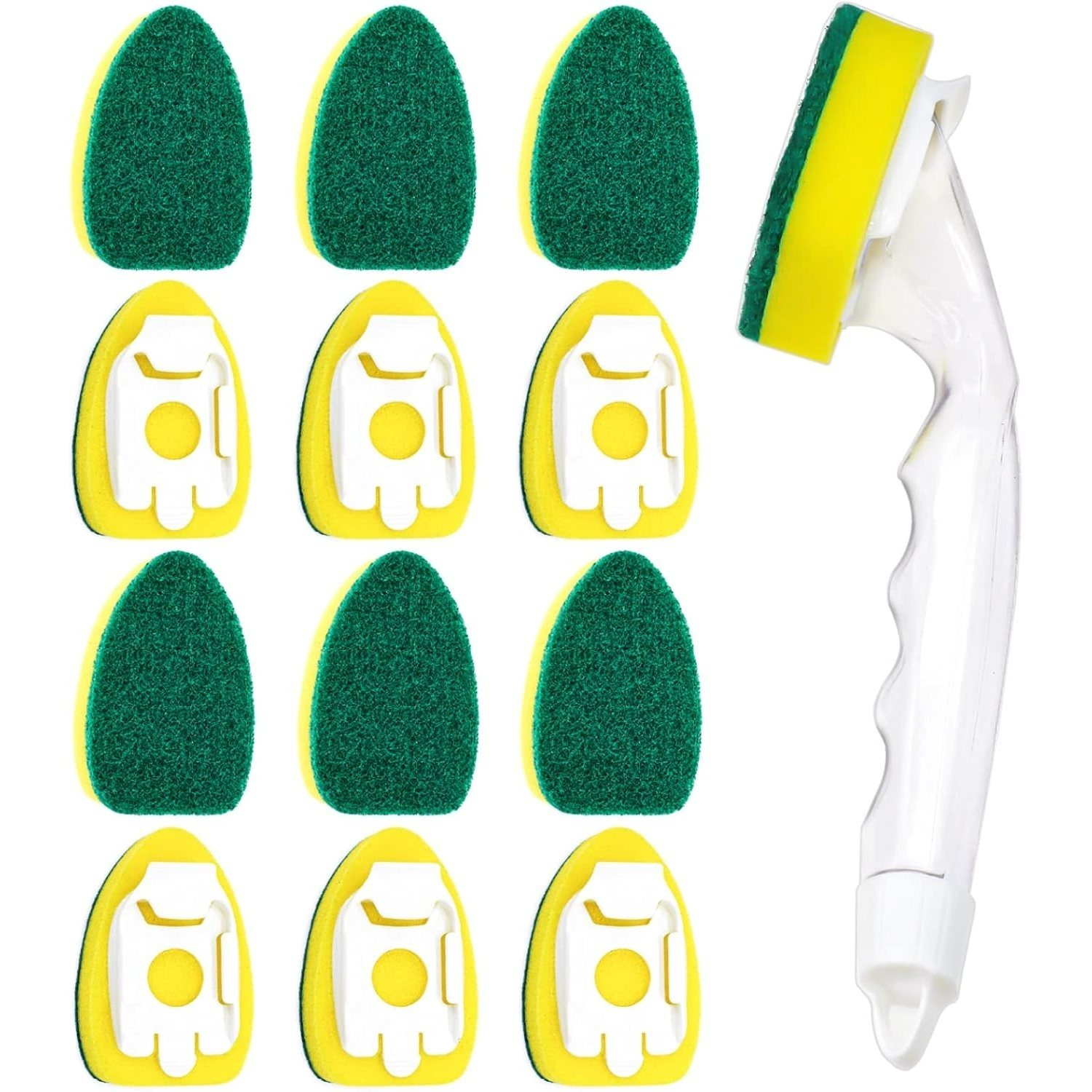 TEMU 1 Bâtonnet à vaisselle et 12 Têtes de rechange en éponge, Brosse à vaisselle en éponge remplaçable, Manche de contrôle de savon, Recharges de
