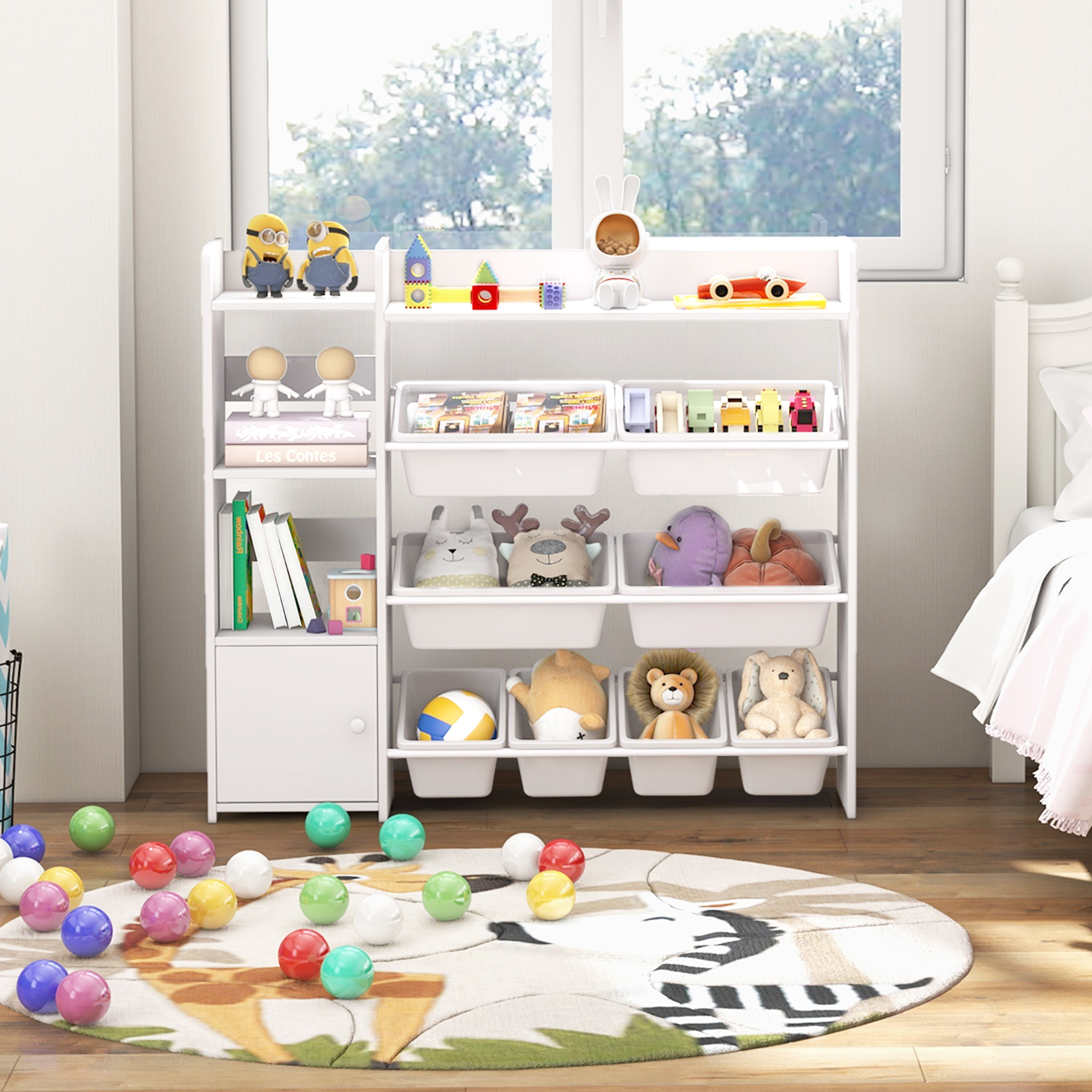 TEMU COSTWAY Unité de Rangement pour Jouets pour Enfants, pour Enfants et 8 de Rangement, avec Porte, 2 Étagères Ouvertes pour Salle de Jeux, Chambre