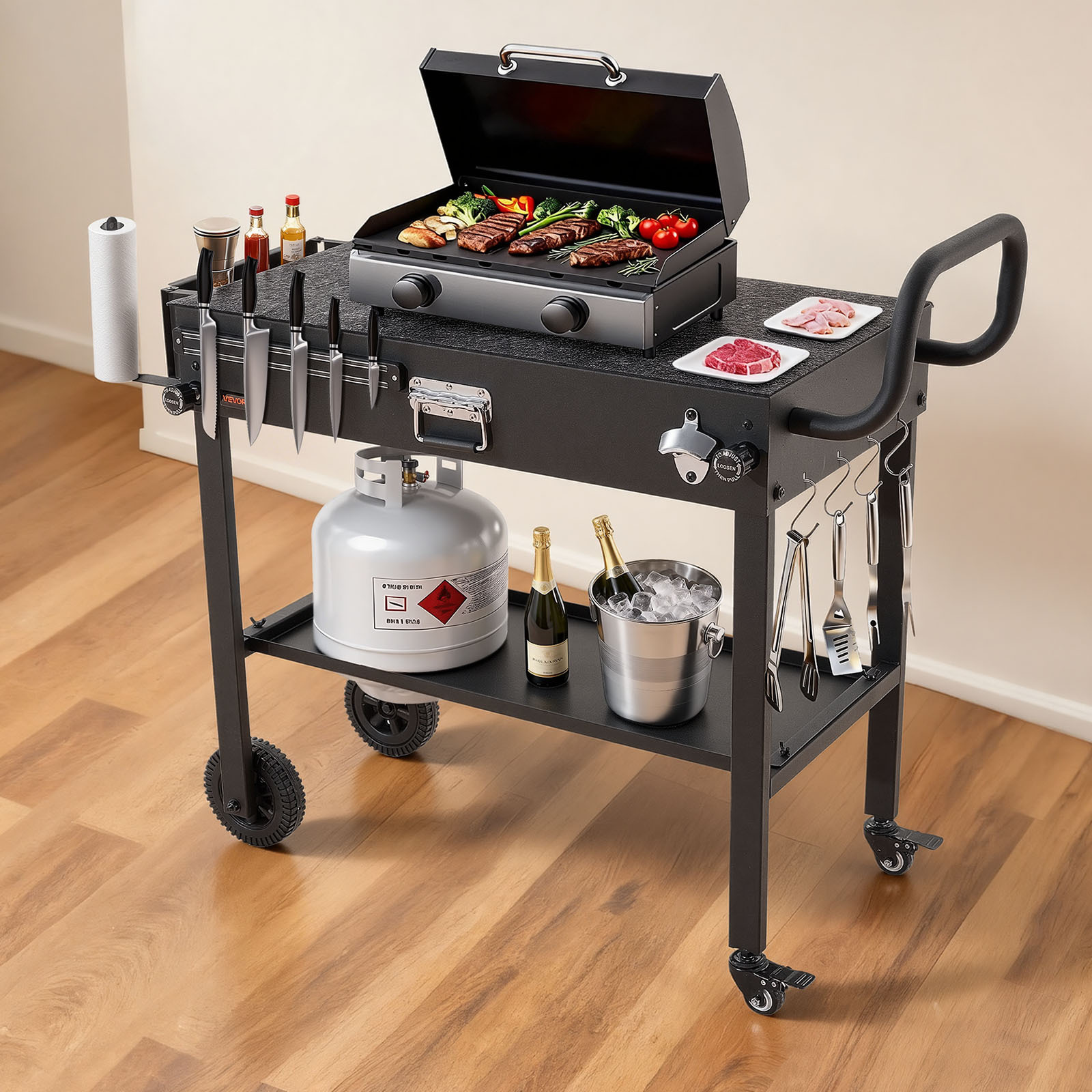 TEMU Vevor Outdoor Grill Cart, 787 X 432mm Tabletop Size Grilling Table, Foldable Outdoor Cooking Table With Tissue Holder, Wheels, Magnetic Tool