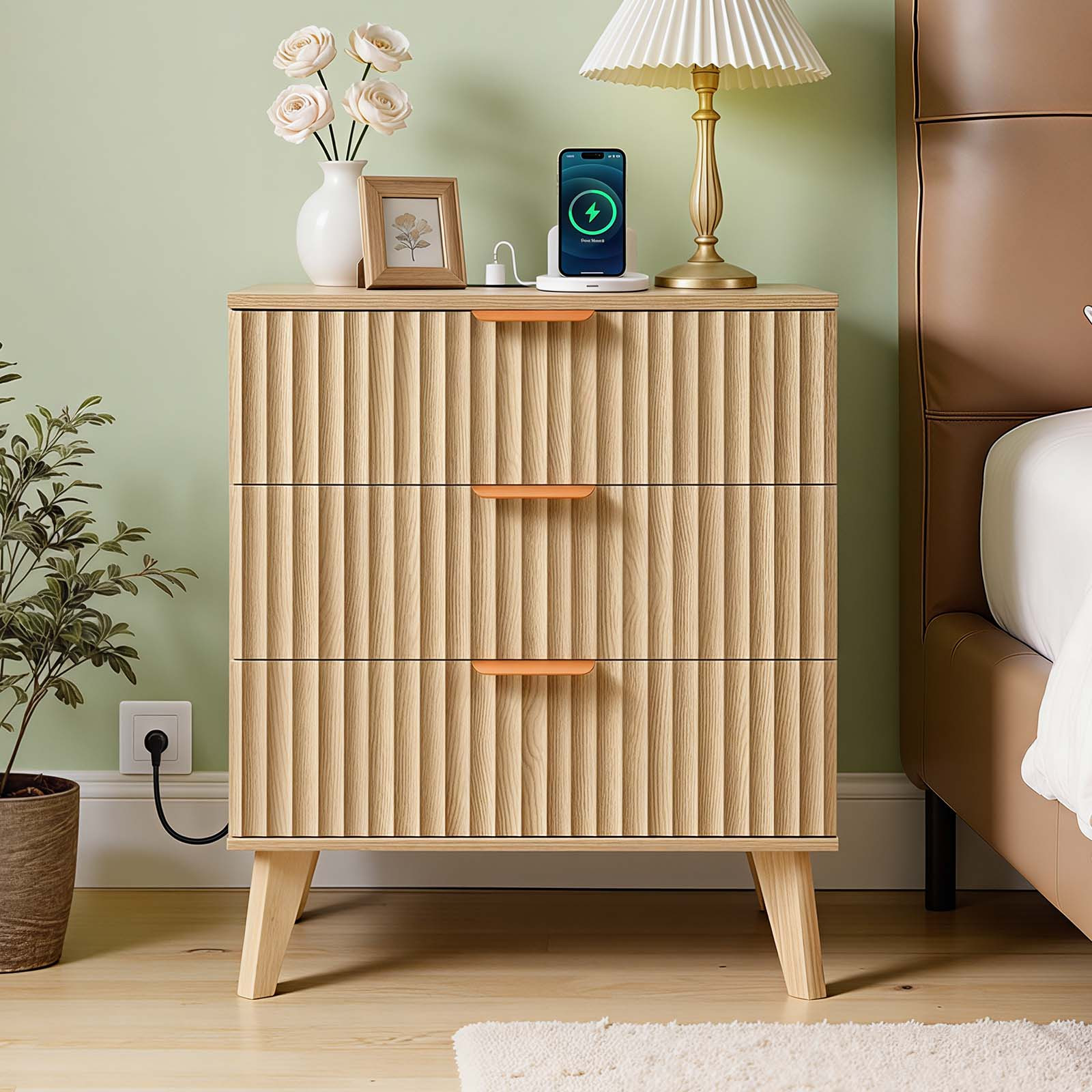 TEMU Vevor Fluted Nightstand With Charging Station, With 3 Drawers, Dresser For Bedroom, Mid Century Modern End Table, Bedside Storage Cabinet Side