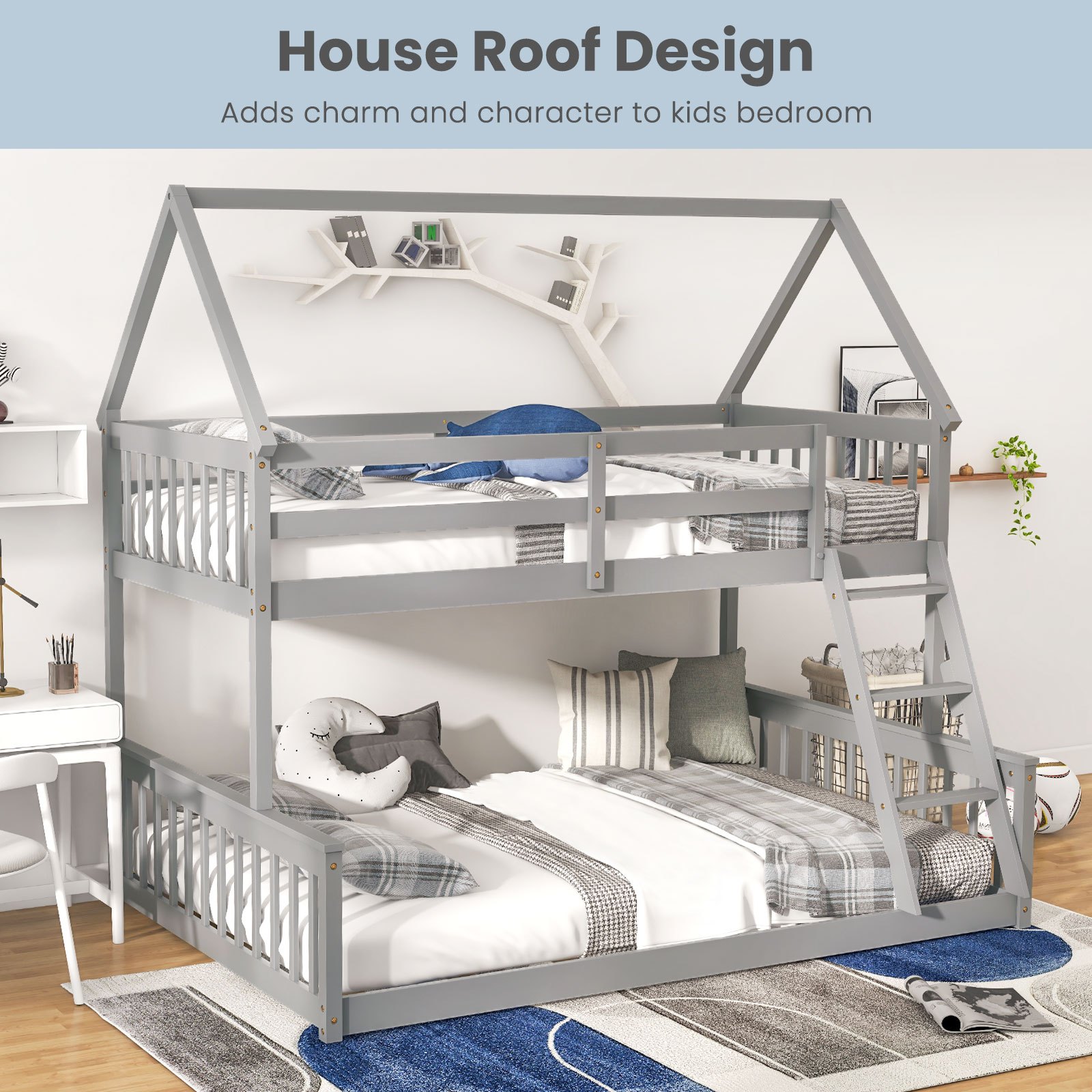 TEMU Lit Double et Double en Bois , Échelle et Barrière de Sécurité, Lit Convertible au Sol pour Enfants et Adolescents, Pas de Matelas à
