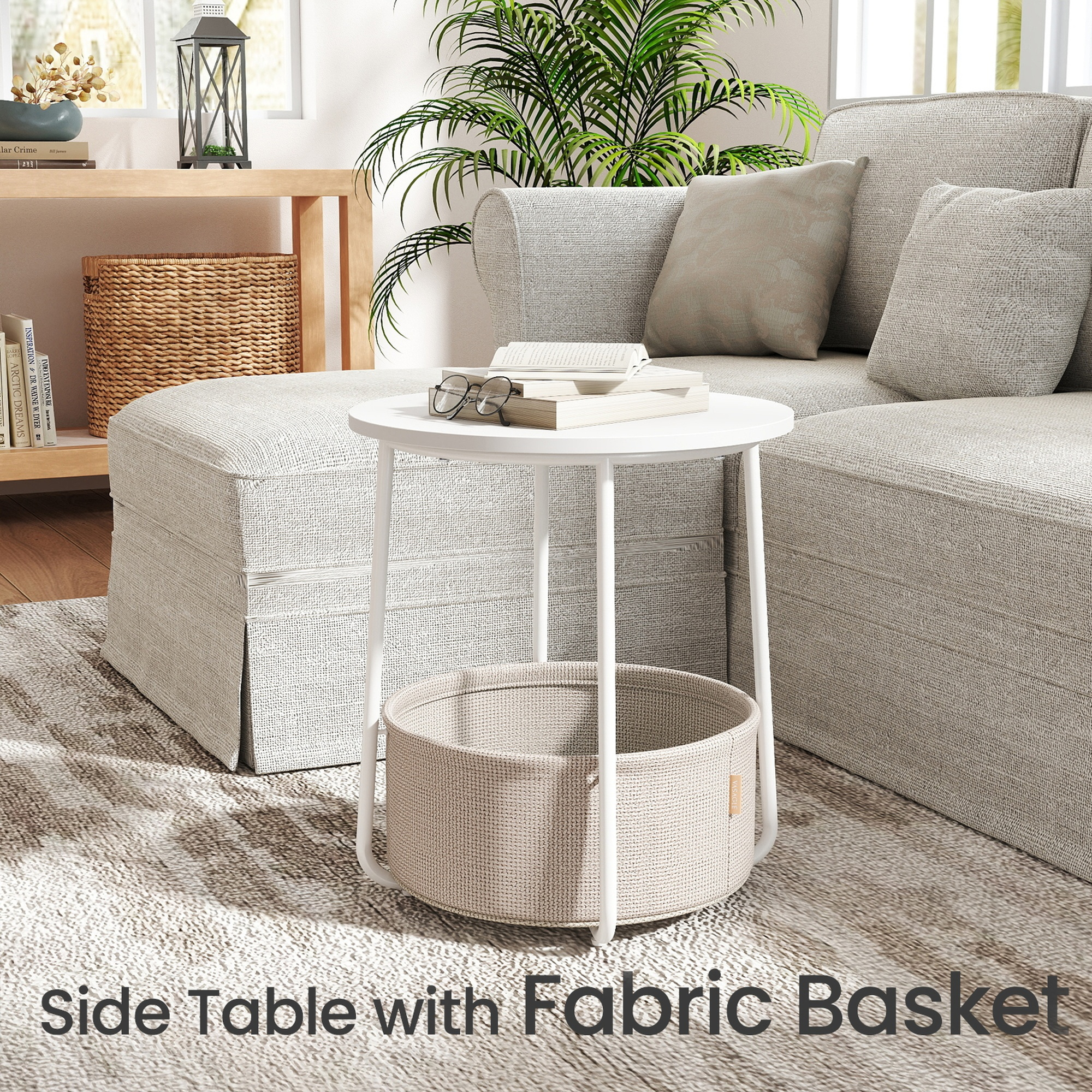 TEMU Table d'appoint, Table d'extrémité ronde avec panier en tissu, pour salon chambre à coucher, table de chevet, style moderne, blanc