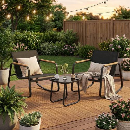 item picture patio rocking chair set steel outdoor furniture with armrests and table garden seating for backyard breathable fabric black