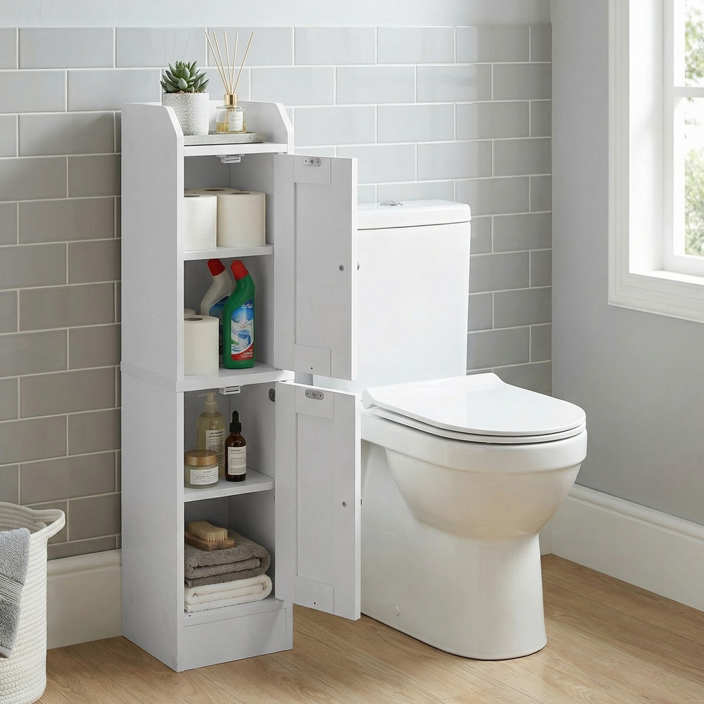 TEMU Meuble d'angle étroit avec étagères réglables et portes réversibles, Organisateur de rangement étroit, Style ferme, Blanc