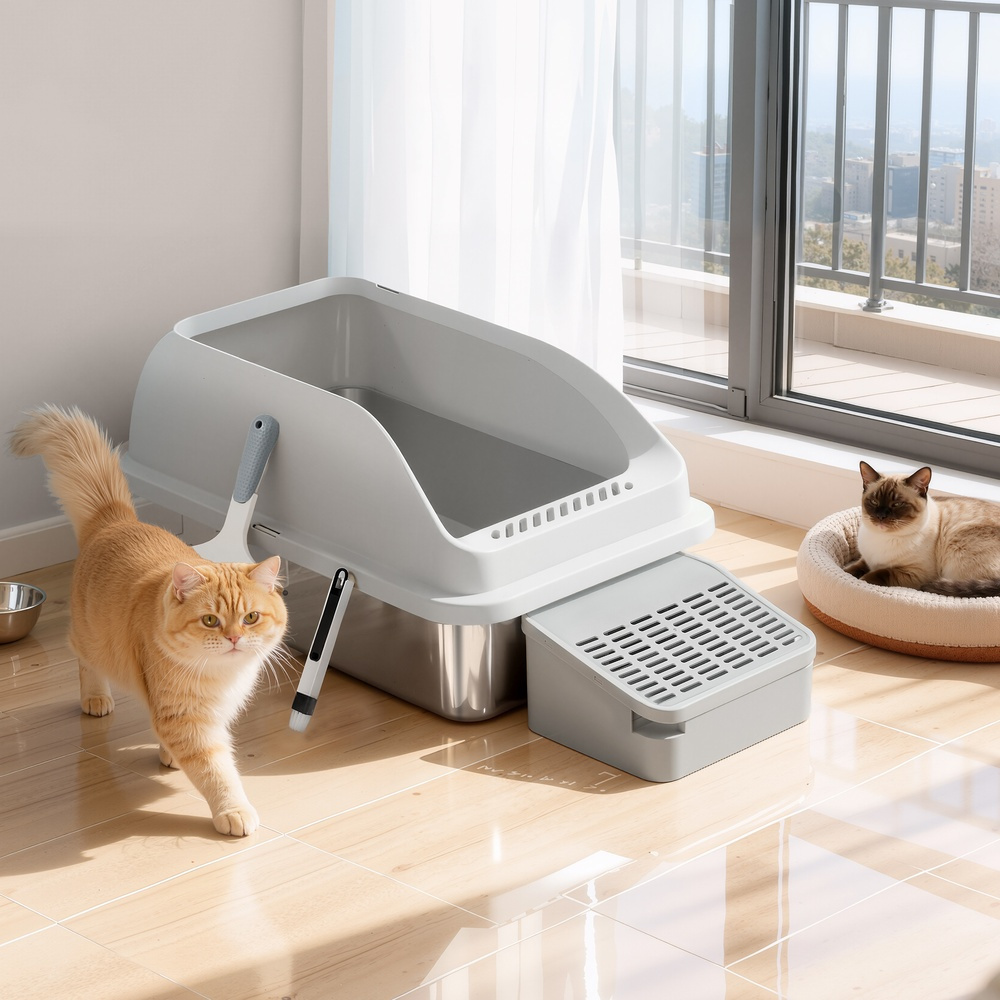 TEMU Stainless Steel Open Top Cat Litter Tray, High Sided Litter Box With Scoop , For Large Cats, Grey