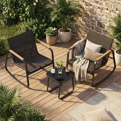 patio rocking chair set steel outdoor furniture with armrests and table garden seating for backyard breathable fabric black
