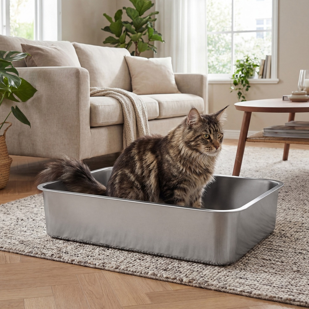 TEMU Stainless Steel Cat Litter Box, Open Tray With Scoop, , , Easy To Clean, Xl, 60 X 40 X 15 Cm For Large Cats