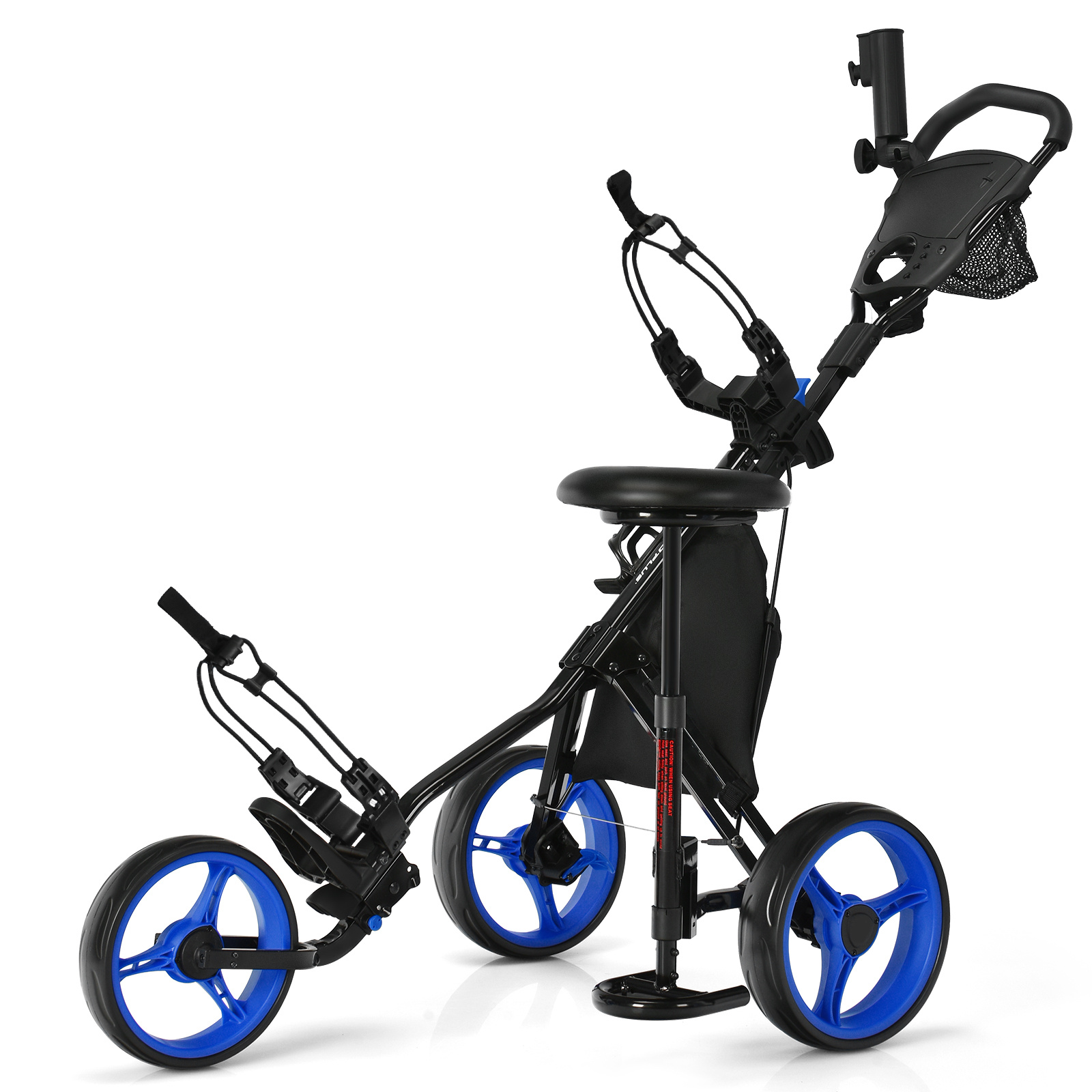 TEMU Costway 3 Wheel Golf Push Cart, Lightweight Foldable Caddy Cart For Golf Bags With Adjustable Seat And Handle, Umbrella Holder And Foot Brake,