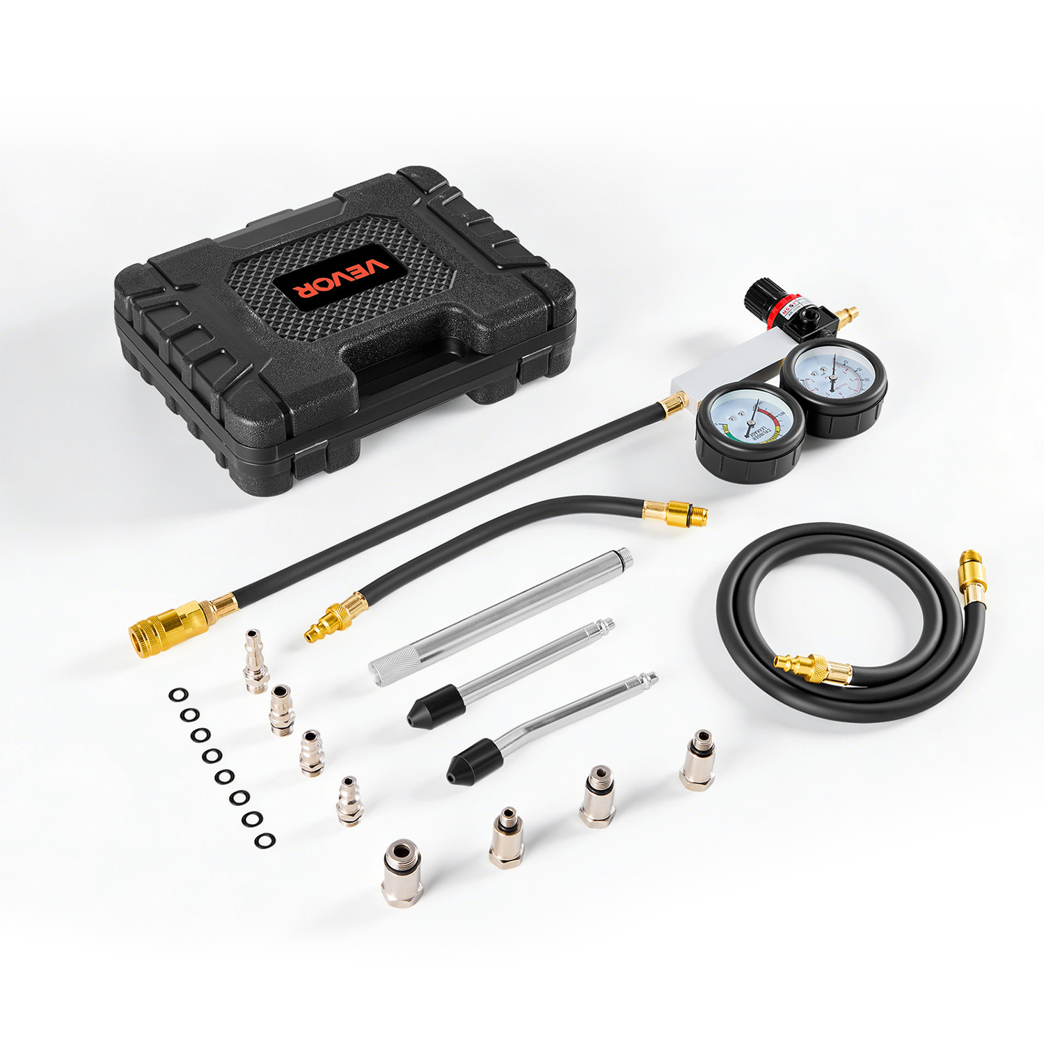 TEMU Vevor Engine Cylinder Compression Tester Kit, Pressure Gauge Range Of 0-100 Psi, Automotive Leak Down Tester Kit With 4 Adapters, 2 Metal Tubes,