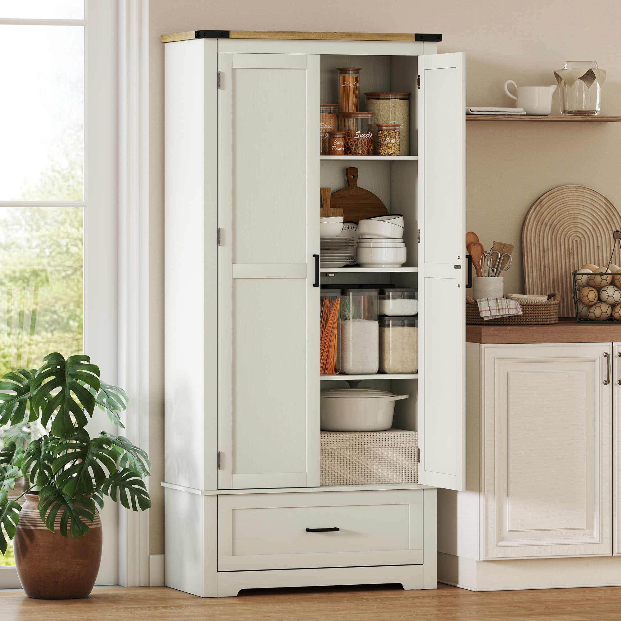 TEMU Garde-manger de cuisine haut de 69 pouces, de garde-manger autoportante de style ferme avec 2 portes, tiroir et étagères réglables, blanc crème