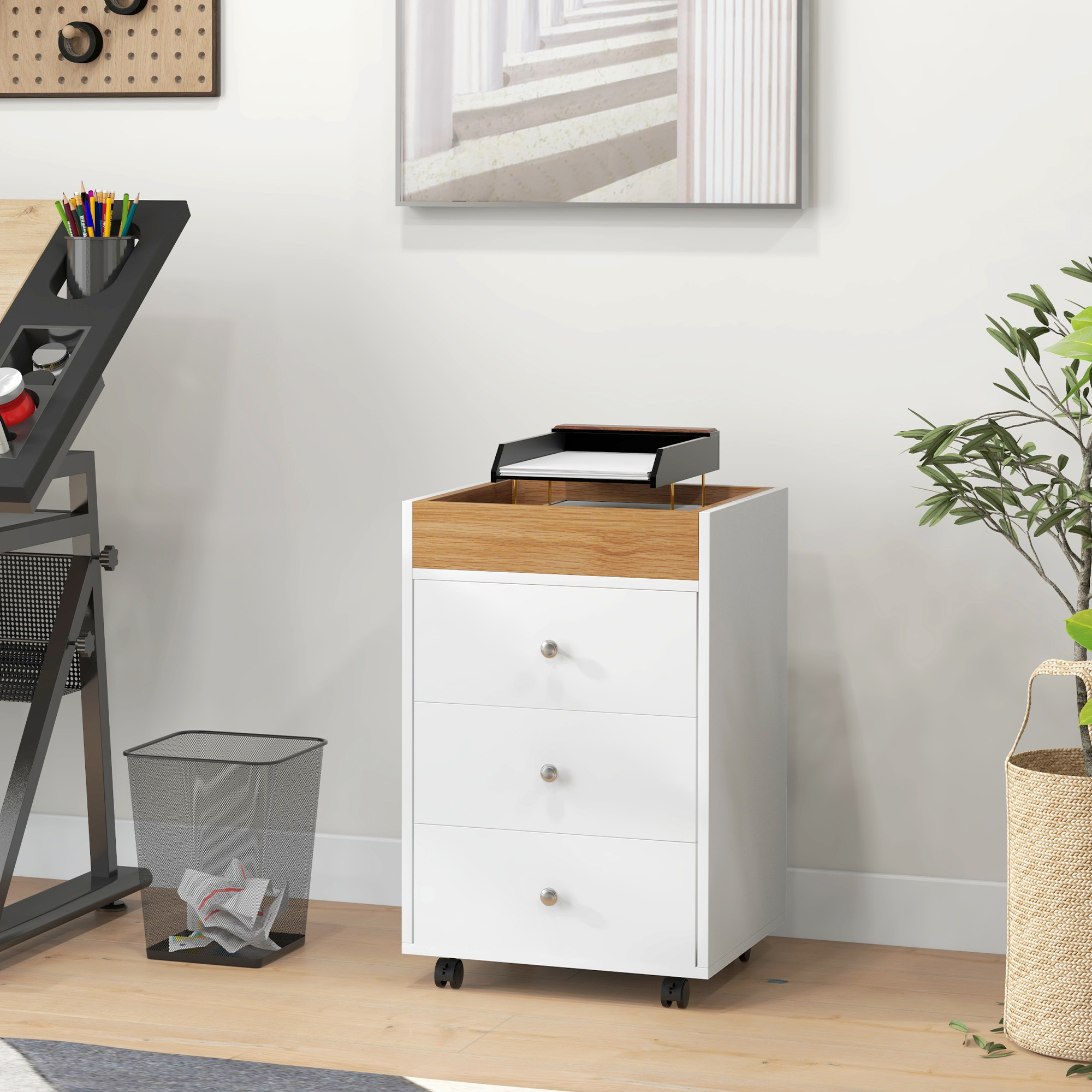 modern   drawer file cabinet locking filing cabinet with printer stand rolling office storage cabinet under desk fit particleboard white and natural wood