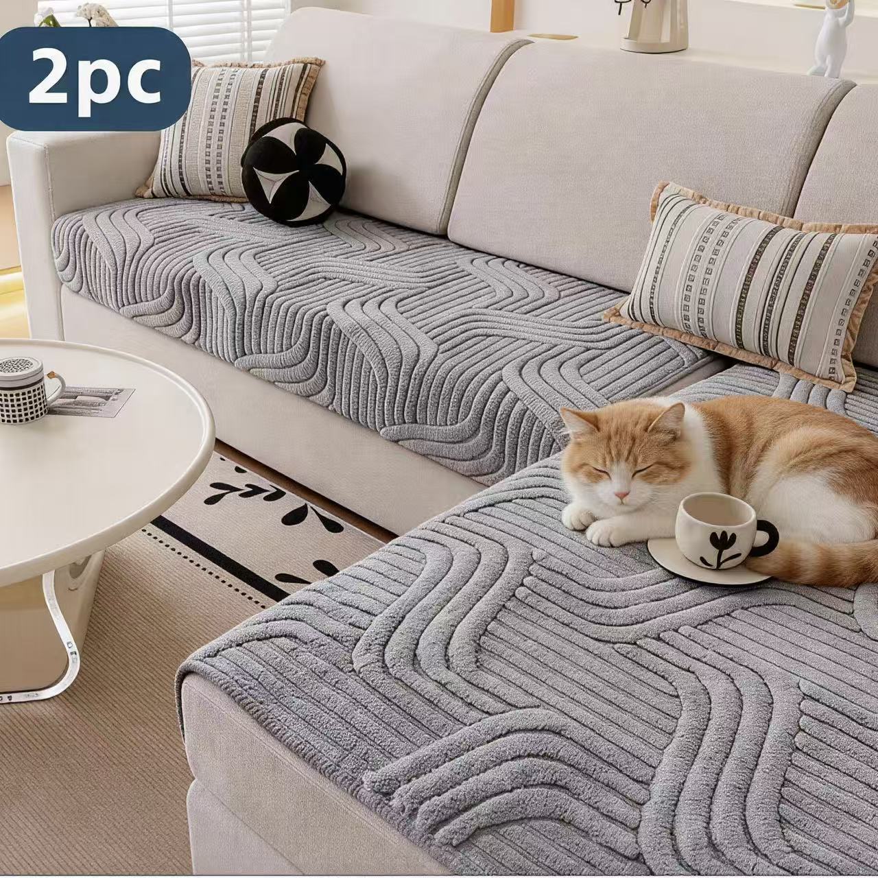 TEMU Housse de canapé à texture ondulée, 1 ou 2 pièces, en peluche à poils courts de haute qualité, adaptée aux animaux domestiques. antidérapante