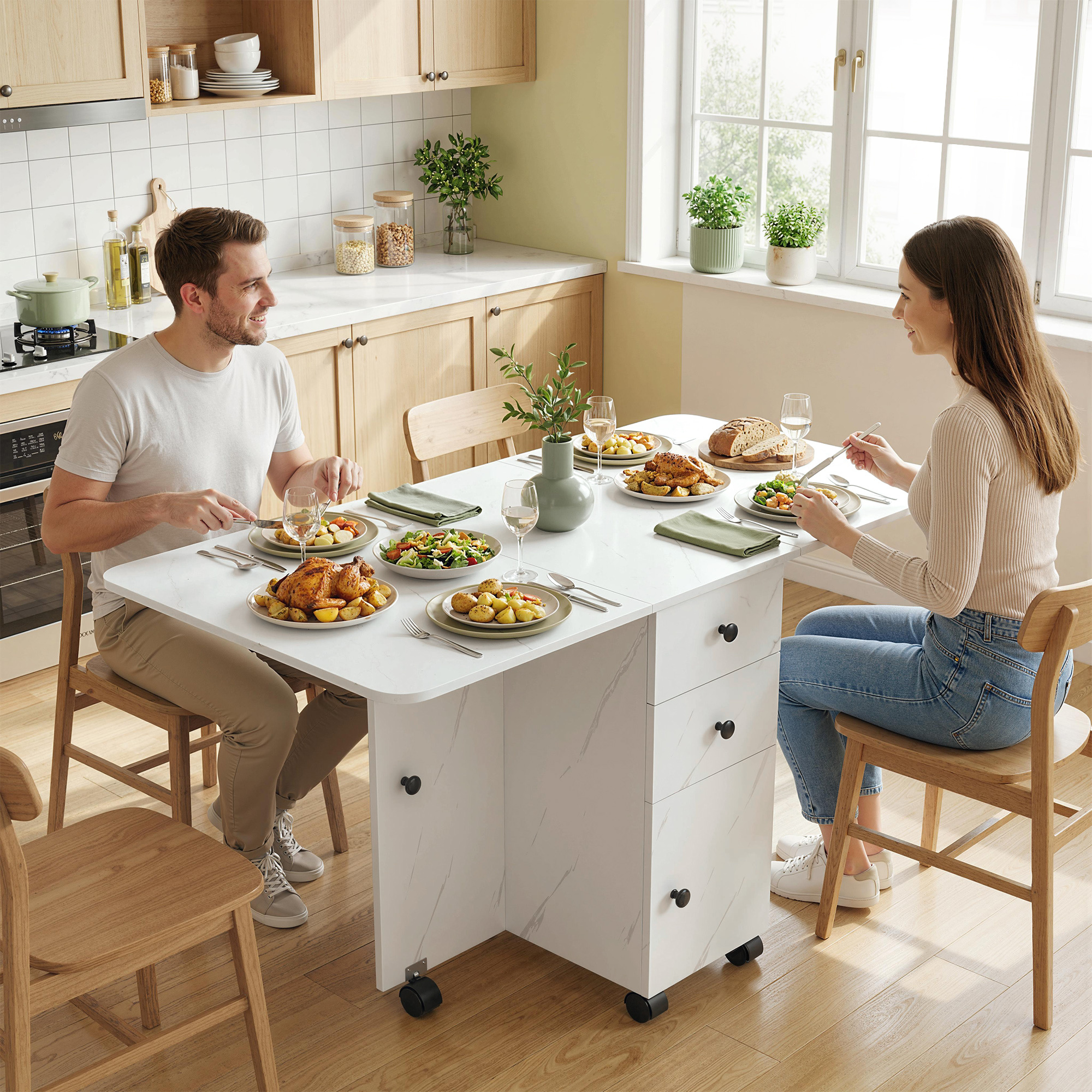 TEMU Table de salle à manger pliante, table de cuisine roulante avec tiroirs de rangement et , table à plateau rabattable sur roulettes, blanc marbre