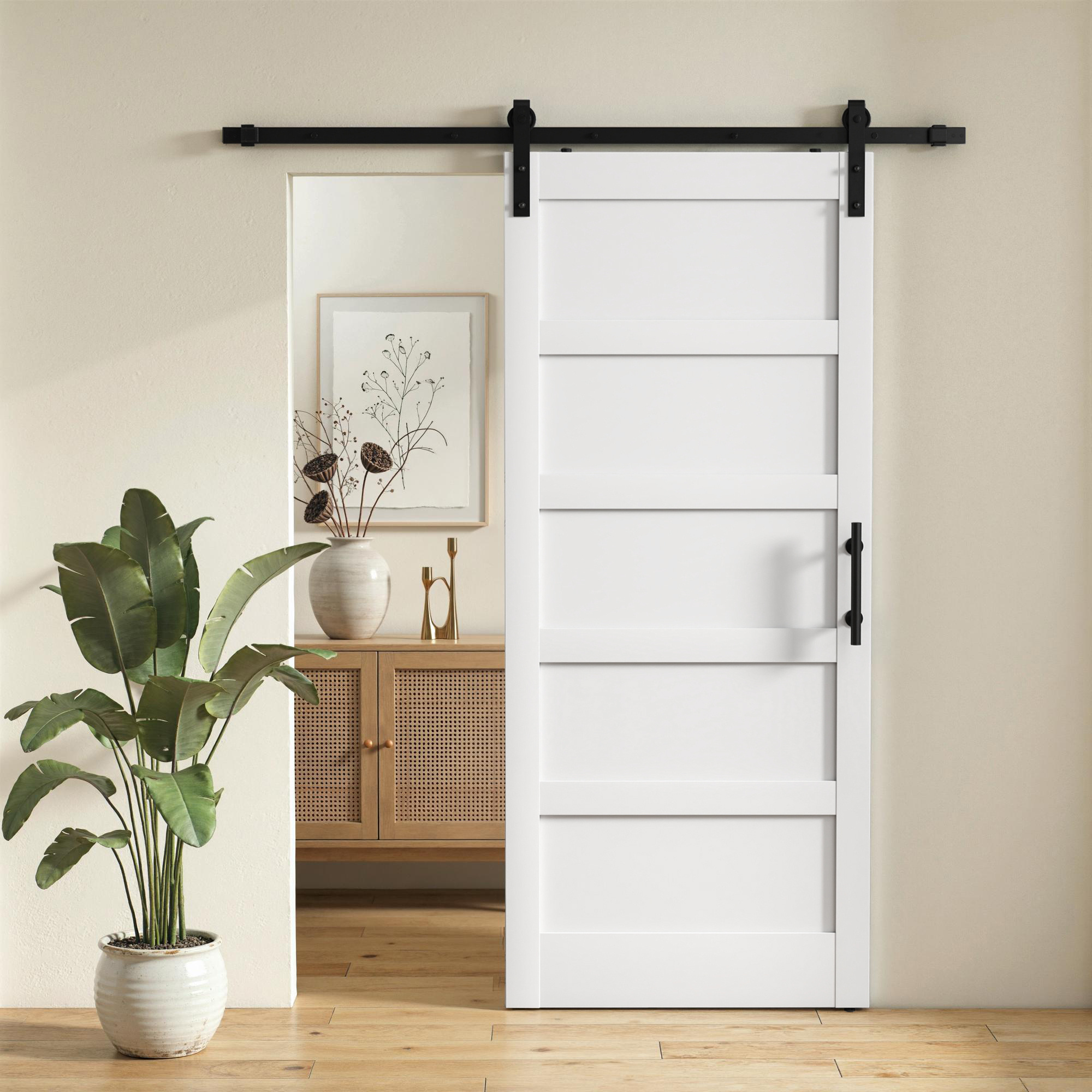 TEMU 36"x84" Sliding Barn Door With Hardware Kit, Shaker Style Sliding Door With Handle, Track, Floor Guide, Waterproof Plastic Surface, And , White