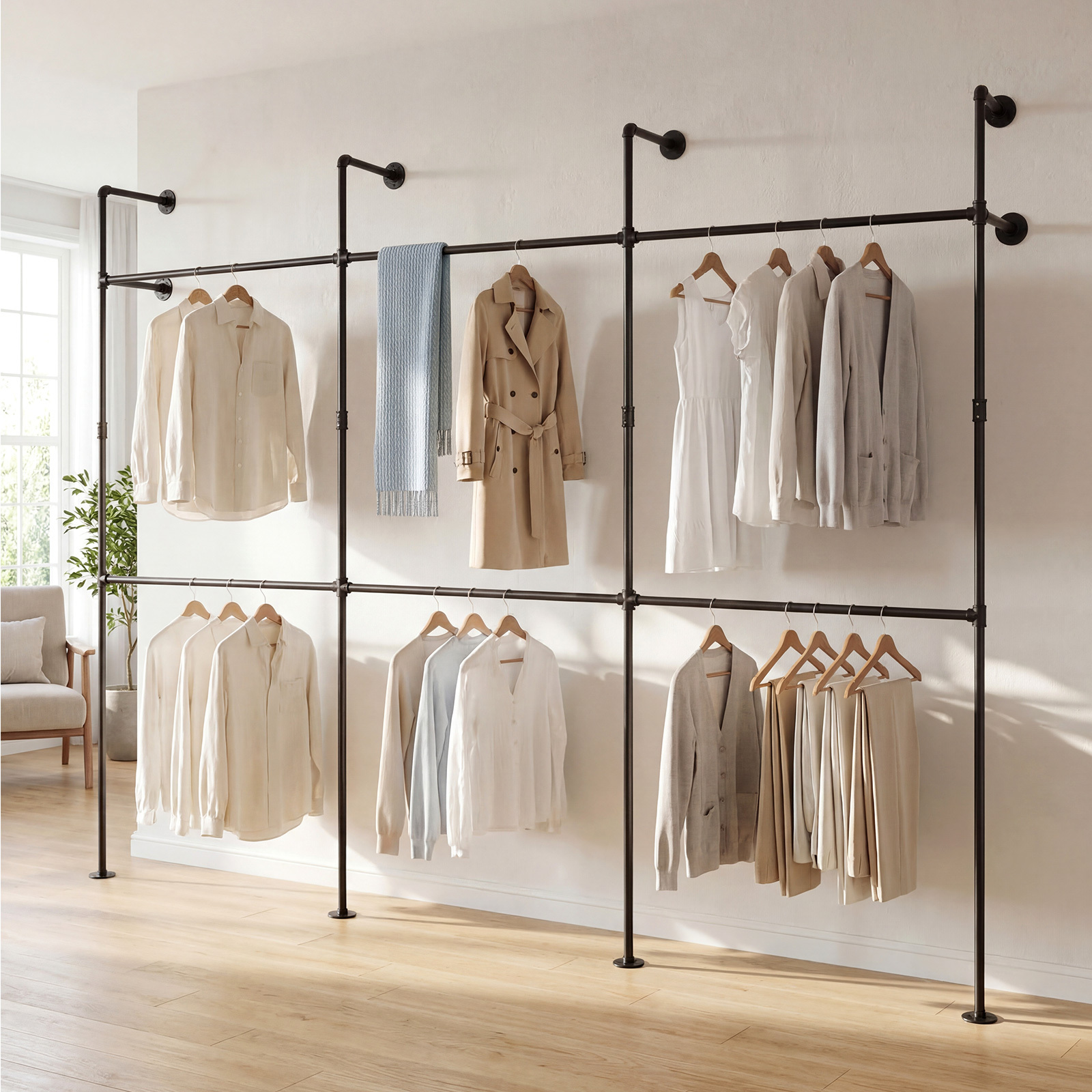 TEMU Portant à vêtements mural robuste GIANTEX, organisateur de vêtements en tuyau industriel de 118" avec 6 , système de dressing à double niveau