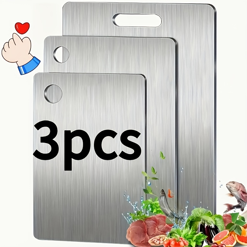 3pcs heavy duty stainless steel chopping board set with non   surface ergonomic handle space saving design   bpa free   no electricity required easy clean kitchen boards for meat vegetables fruits cheese dishwasher safe no residue modern     edges hygienic   boards for long lasting use ideal for use