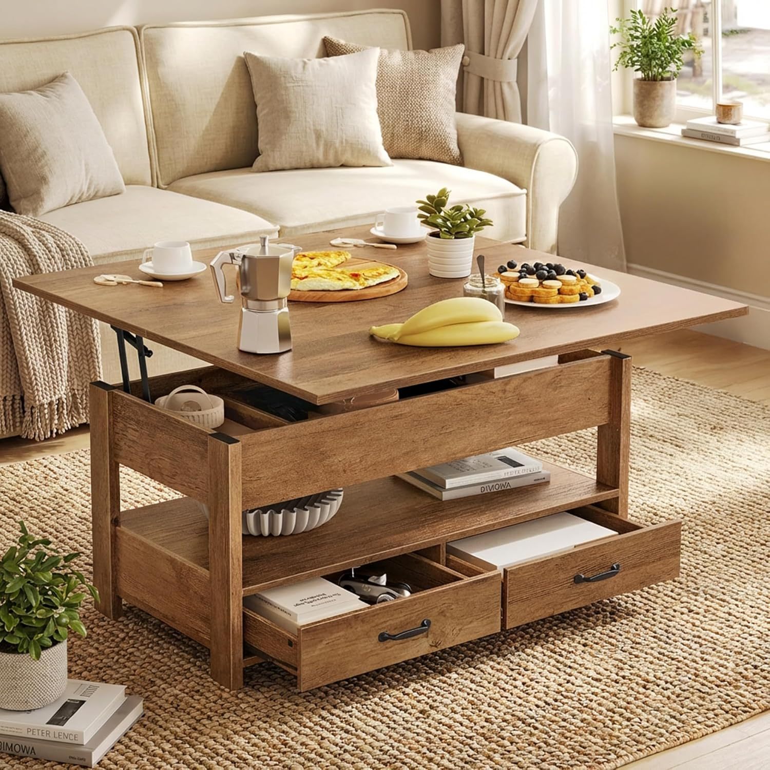 TEMU Table Basse à Tiroir, Table d'Appoint avec Rangement, Ressort à Gaz, 2 Tiroirs et 3 Compartiments Cachés, Étagère Ouverte, pour Salon, Bureau à
