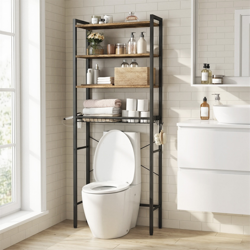 TEMU Meuble de rangement au-dessus des toilettes de 173 cm de hauteur, organisateur de salle de bain avec étagères réglables, 3 crochets, marron