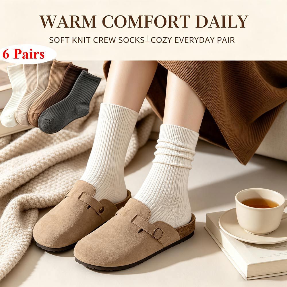 TEMU 6 Pairs, Neutral Color Ribbed Crew Socks For Women, Soft Breathable Mid Calf Socks, Vintage Solid Color Casual Socks, Stretchy Knit Socks, Daily