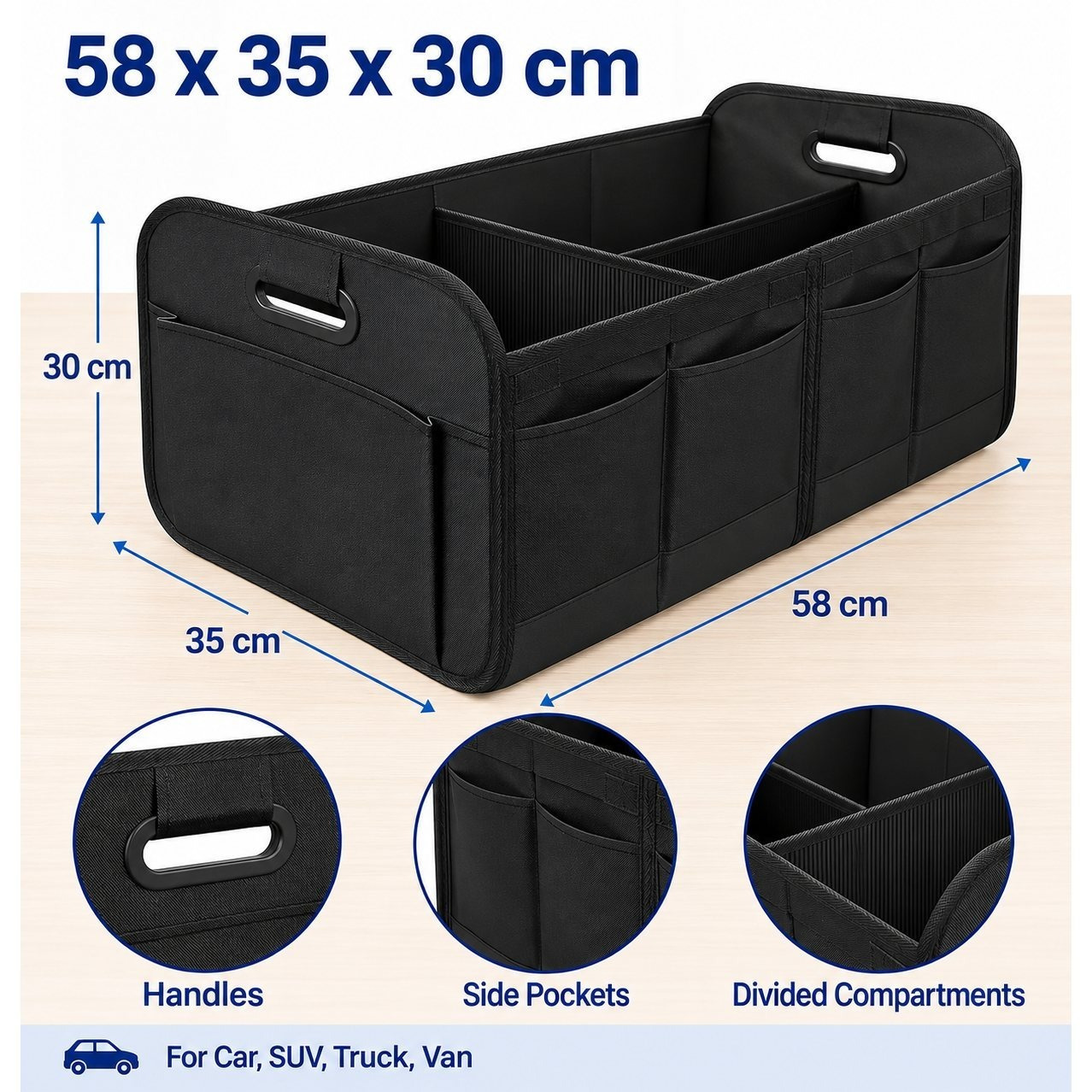 TEMU Boîte de rangement de coffre de voiture grande taille, organisateur d'outils, pliable à 3 compartiments, imperméable, multiples poches, convient