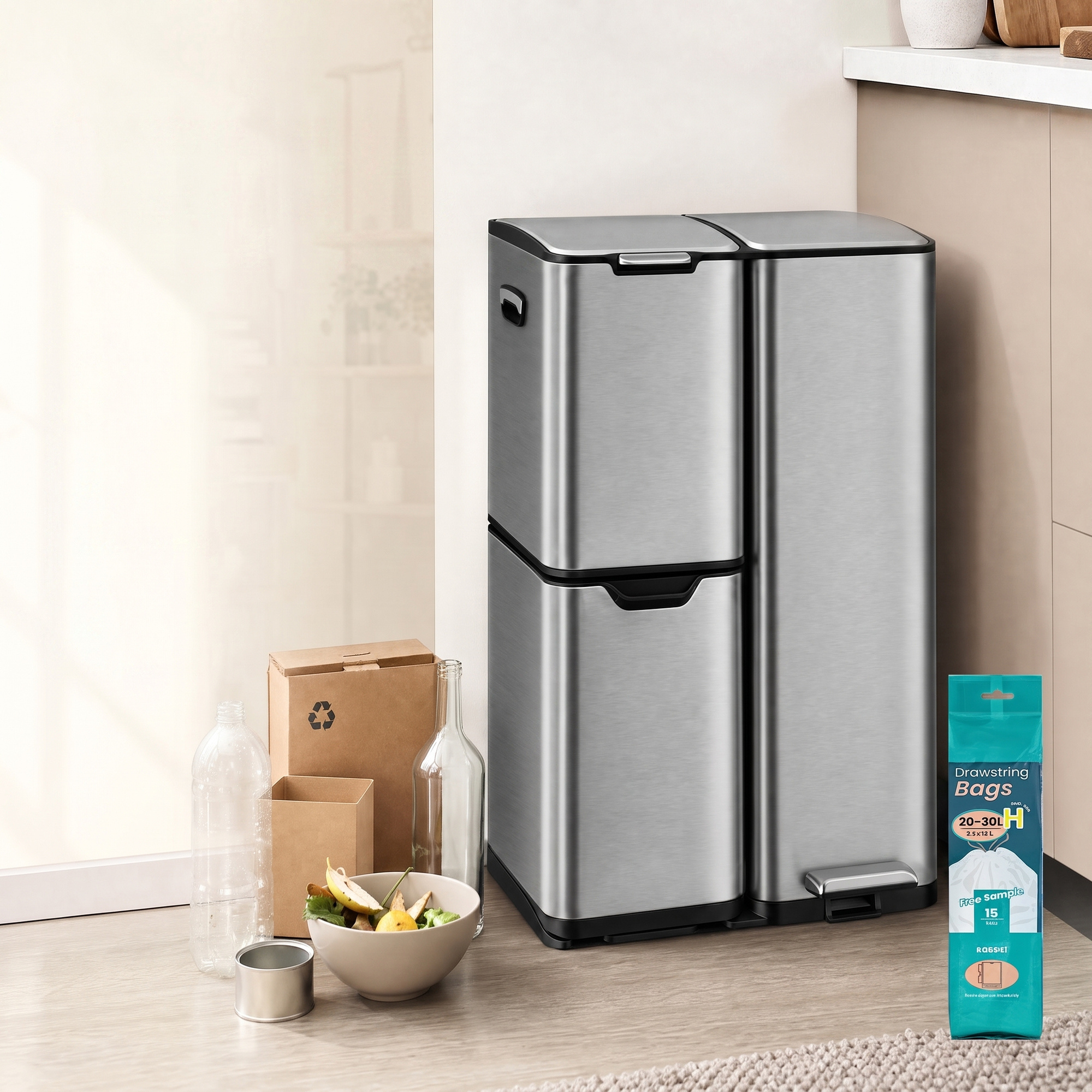 TEMU Poubelle de cuisine 60L, poubelle à pédale à 3 compartiments pour tri sélectif et déchets, 46,7 x 39 x 71,9 cm