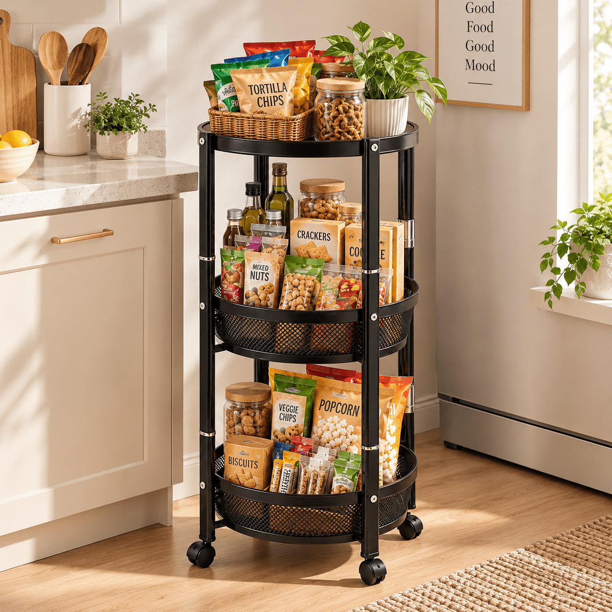 TEMU Chariot de Rangement Pliable à 3 Niveaux avec Roulettes, Chariot Utilitaire en Métal, Trolley Rond Multifonctionnel avec Roulettes, Assemblage