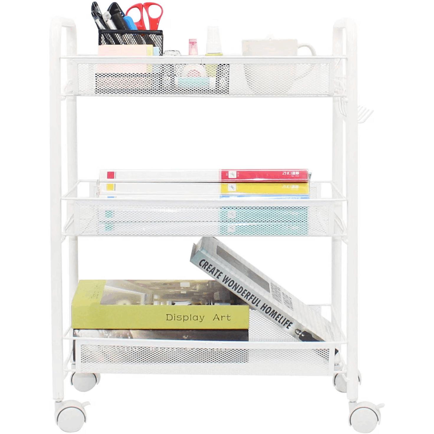 TEMU Chariot roulant à grillage métallique, chariot utilitaire de rangement de cuisine à 3 niveaux, support à paniers multifonction pour salle de