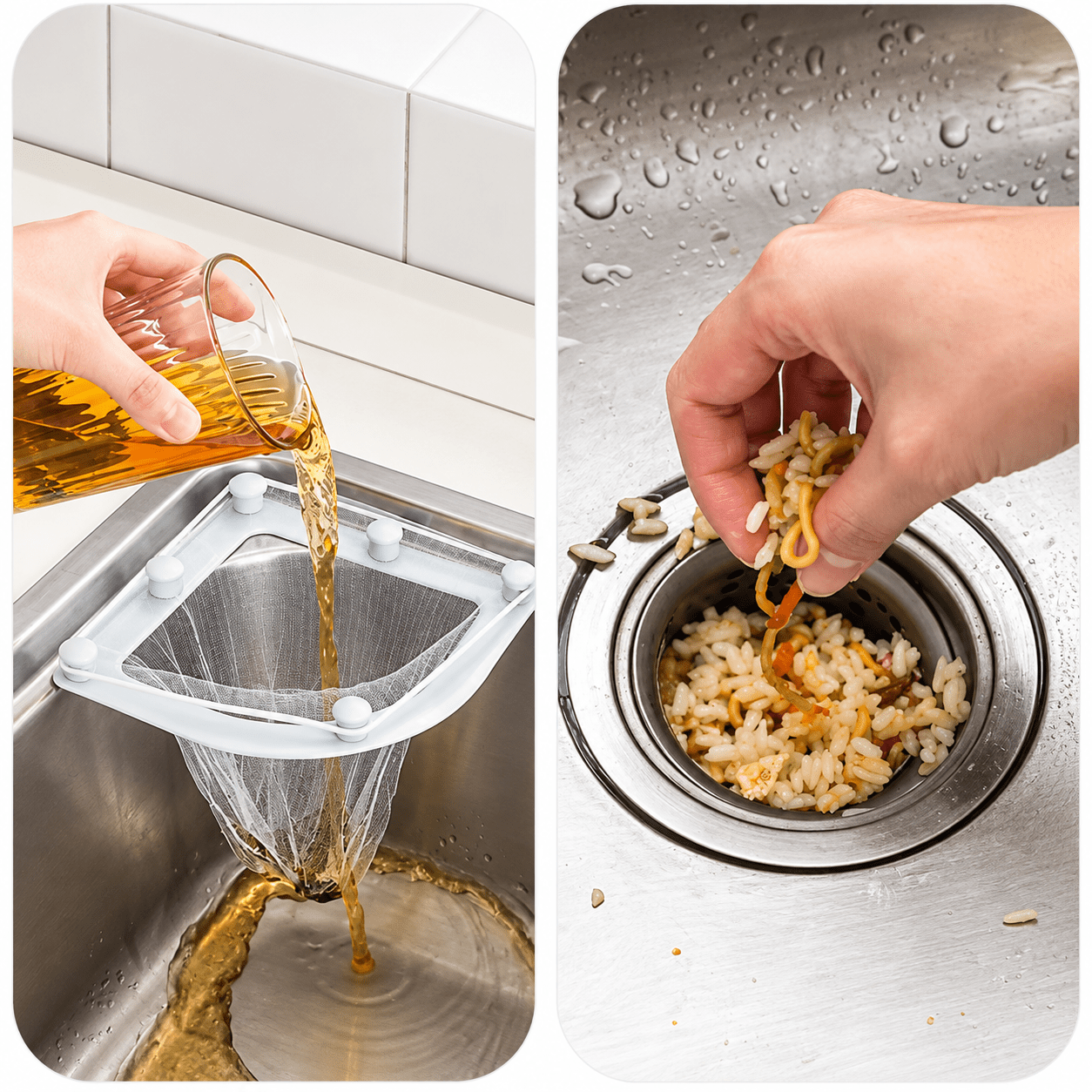 TEMU Triangular Kitchen Sink Strainer Rack And Mesh Bags – Includes A Grey Triangular Holder And 50 Large Mesh Filter Bags， Designed For Disposing Of