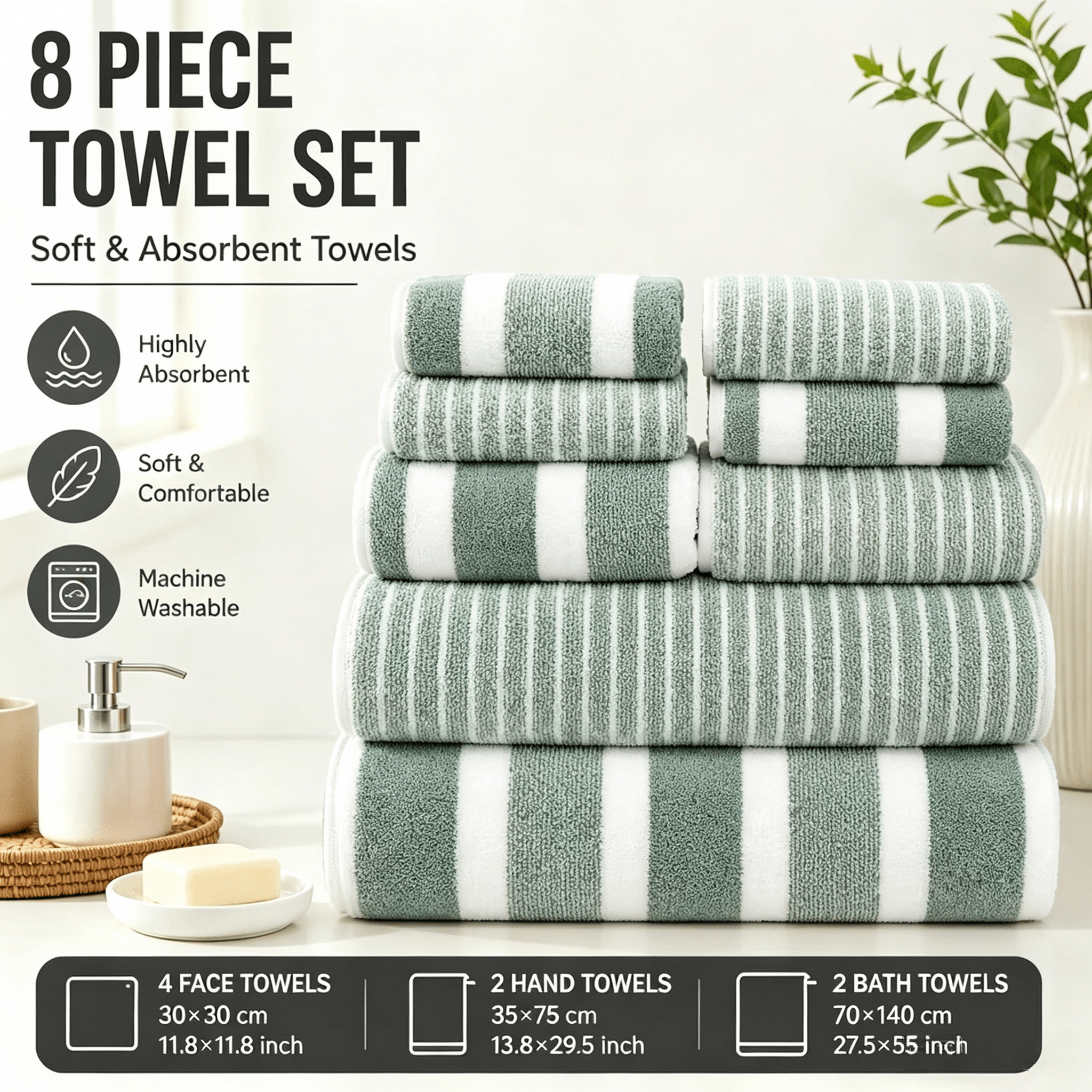 TEMU 8pcs Bath Towel Set, , Highly Absorbent And Quick-drying | Microfiber Beach Towel For Adults, Dual-color Striped Bath Towel, Suitable For Beach,