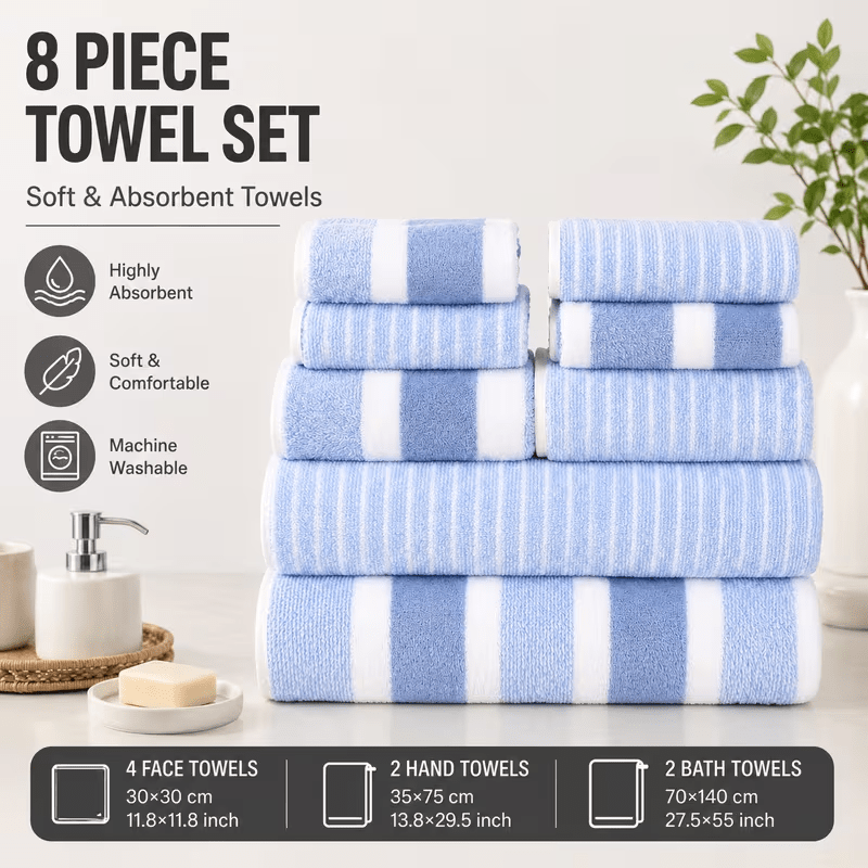 TEMU 8pcs Bath Towel Set, , Highly Absorbent And Quick-drying | Microfiber Beach Towel For Adults, Dual-color Striped Bath Towel, Suitable For Beach,