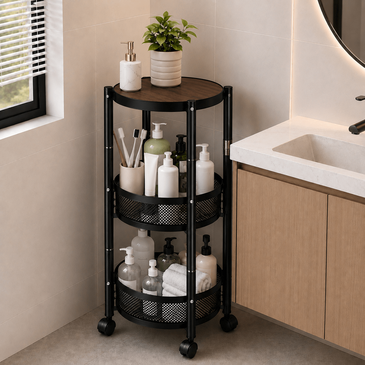 TEMU Chariot de Rangement Pliant à 3 Niveaux sur Roulettes, Chariot Utilitaire en Métal, Desserte Ronde Multifonction Organisateur de Rangement avec