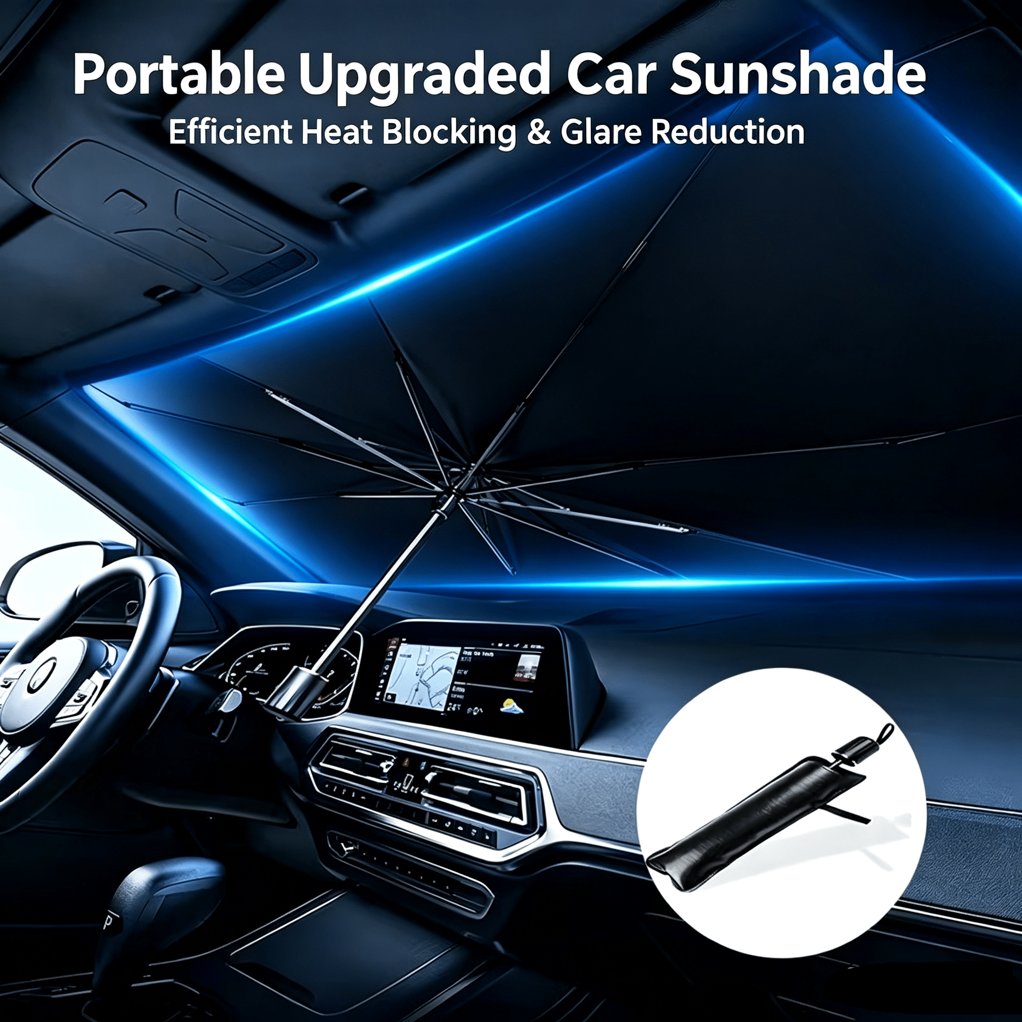 TEMU Pare-soleil de pare-brise de voiture, parapluie pliable avec pochette, réflecteur UV, bloque la chaleur, SUV/Camion.