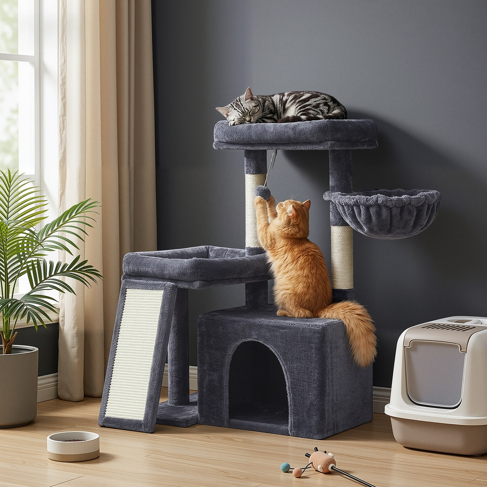 TEMU Arbre à chat avec hamac et griffoir, maison pour chat d'intérieur avec échelle, 19.7 x 15.7 x 35.4 pouces