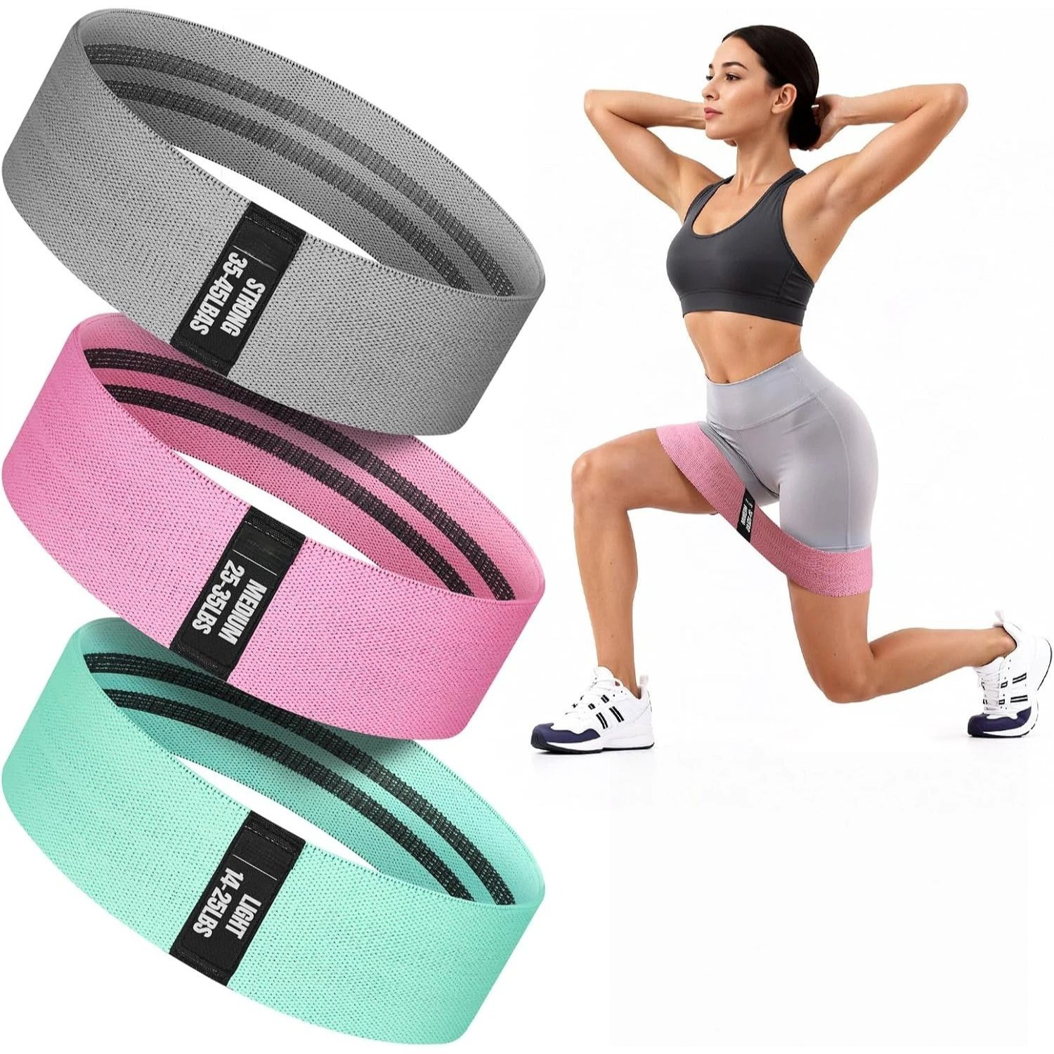 TEMU Set de bandes de résistance en tissu avec guide d'exercices, 3 niveaux pour les hanches et les fessiers