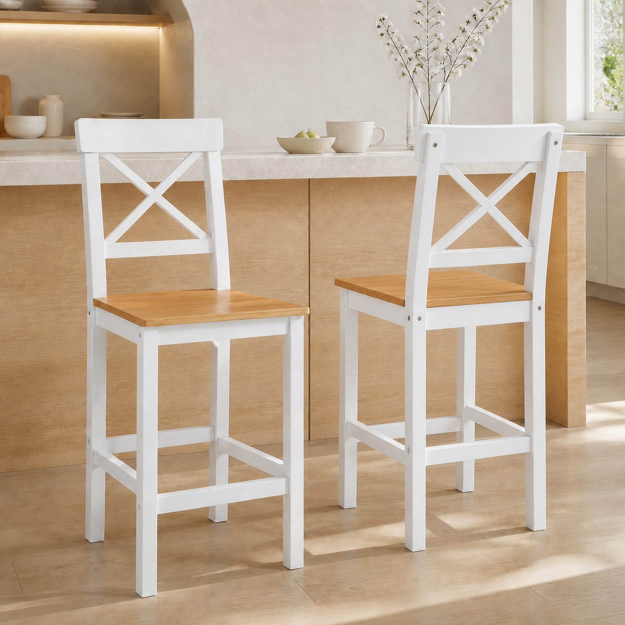 TEMU Ensemble de 2 Tabourets de Bar de Hauteur de Comptoir avec Dos et -Pieds, Style Ferme en Bois, Confortables et Faciles à Nettoyer, Cadre en Bois