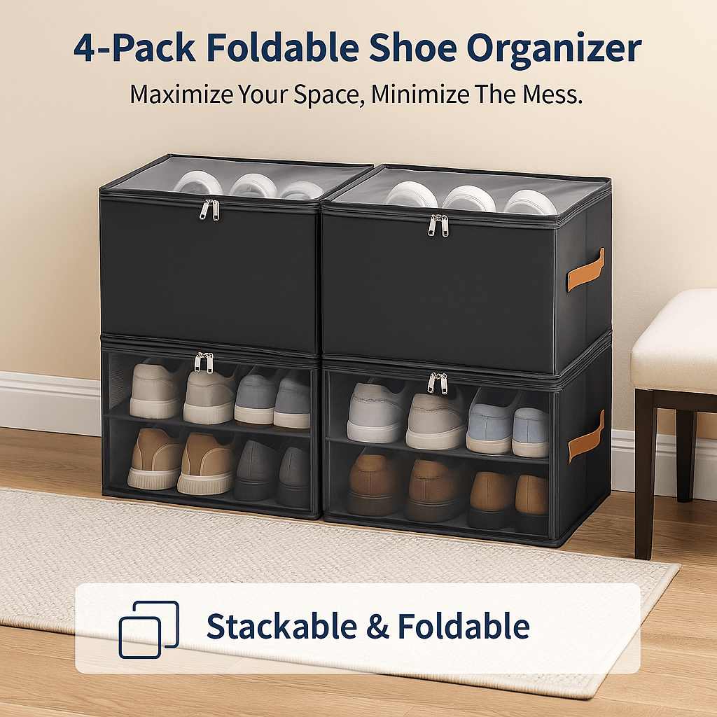 TEMU Boîte à chaussures pliable avec couvercle - Contenant de rangement robuste en nylon avec panneau transparent et joint anti-poussière, idéal pour