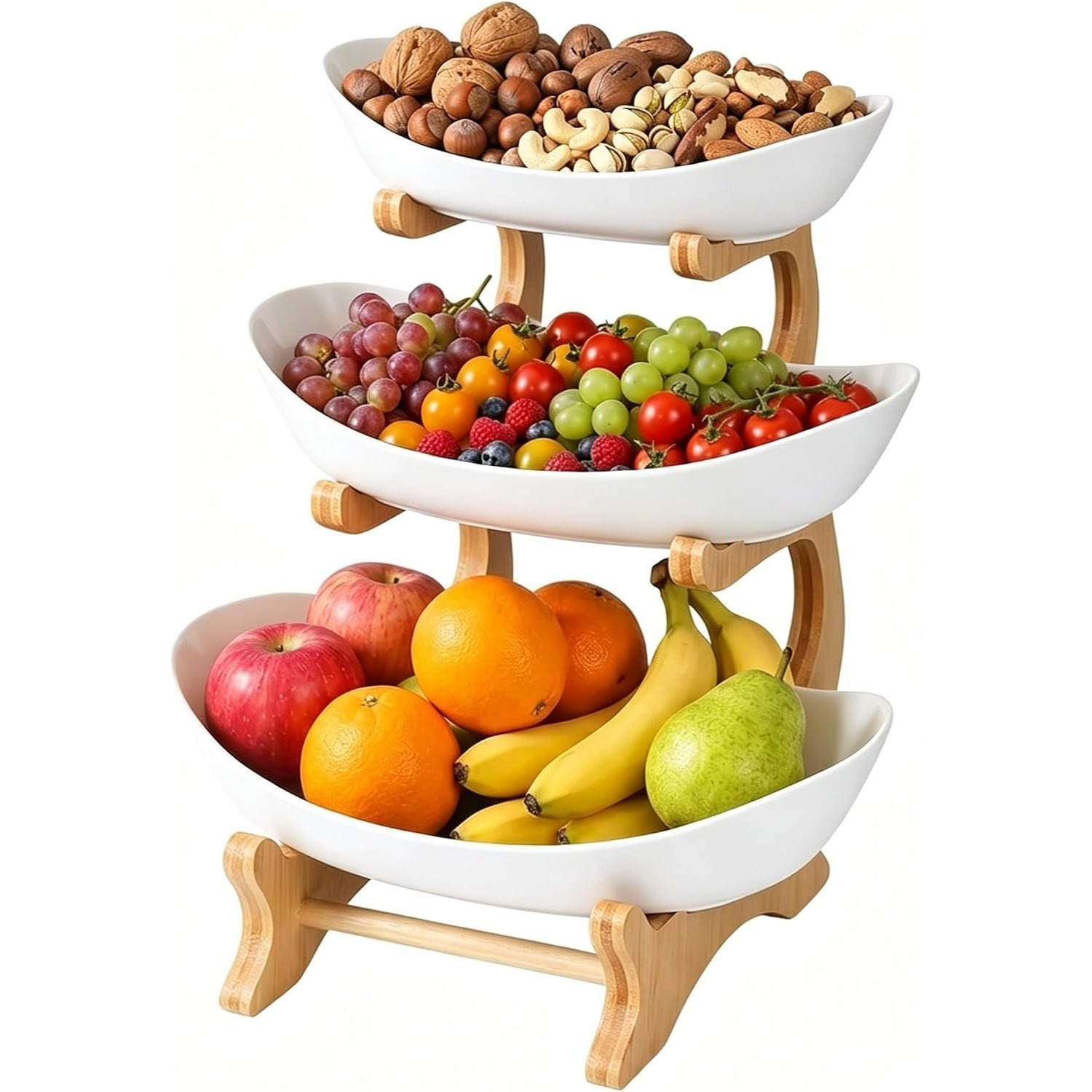TEMU Panier à fruits ovale avec support en bambou - Bol à fruits organisateur pour comptoir de cuisine, Plateau de service à étages pour rangement de