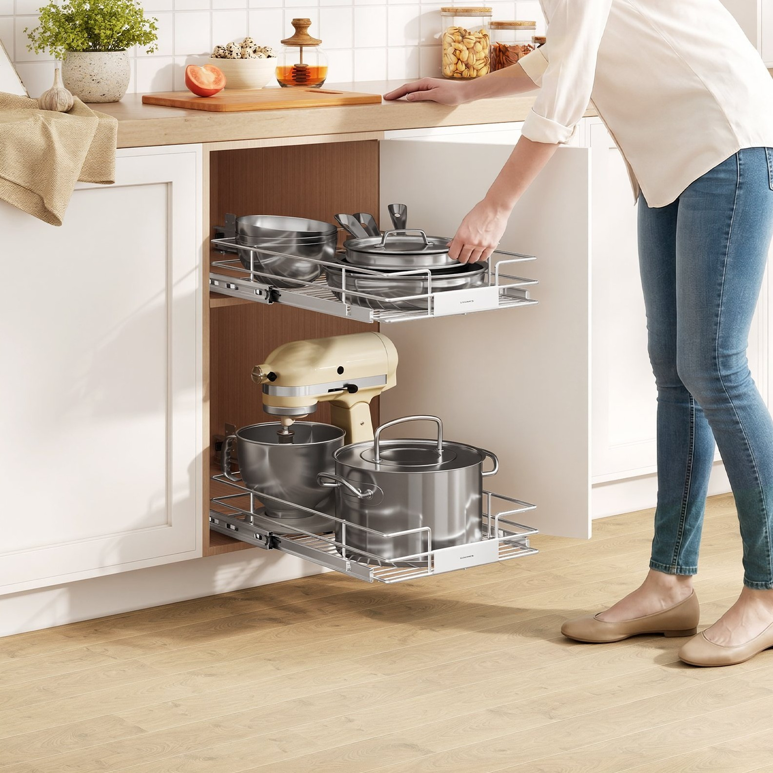 TEMU Organisateur d' coulissant, tiroir coulissant robuste en acier pour cuisine, 21,3 x 14,6 x 5,3 pouces, argenté